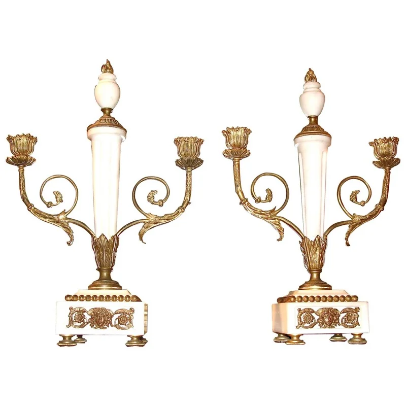 Pair of Continental Marble and Gilt Bronze Candelabra
