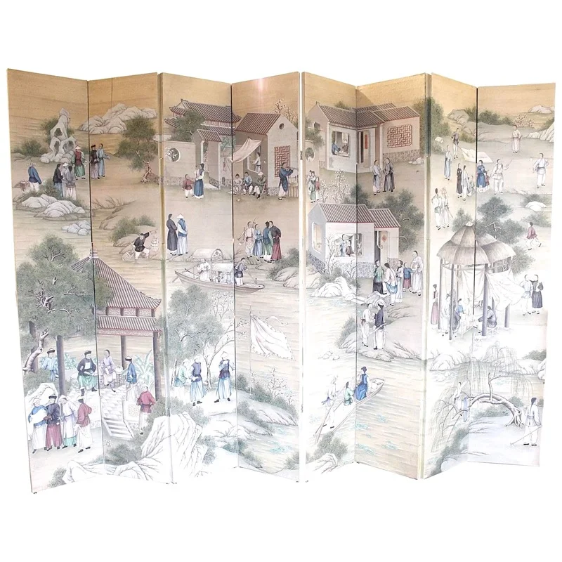 Chinese Painted Silk Eight Panel Screen