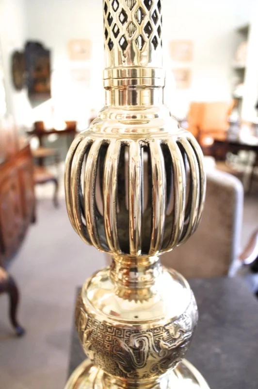 Pair of Large Chinese Brass Prickets Adapted into Lamps