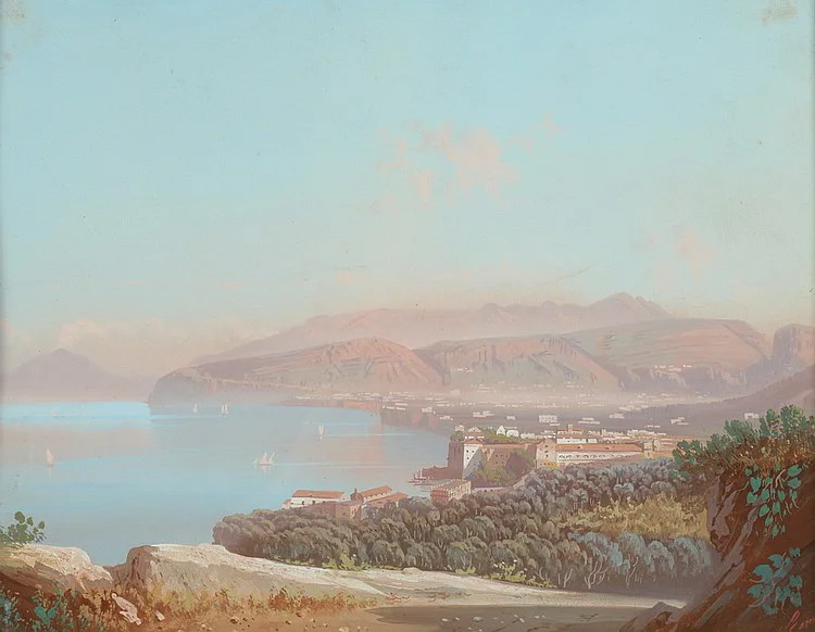 “View of the Bay of Naples,” Italian Gouache