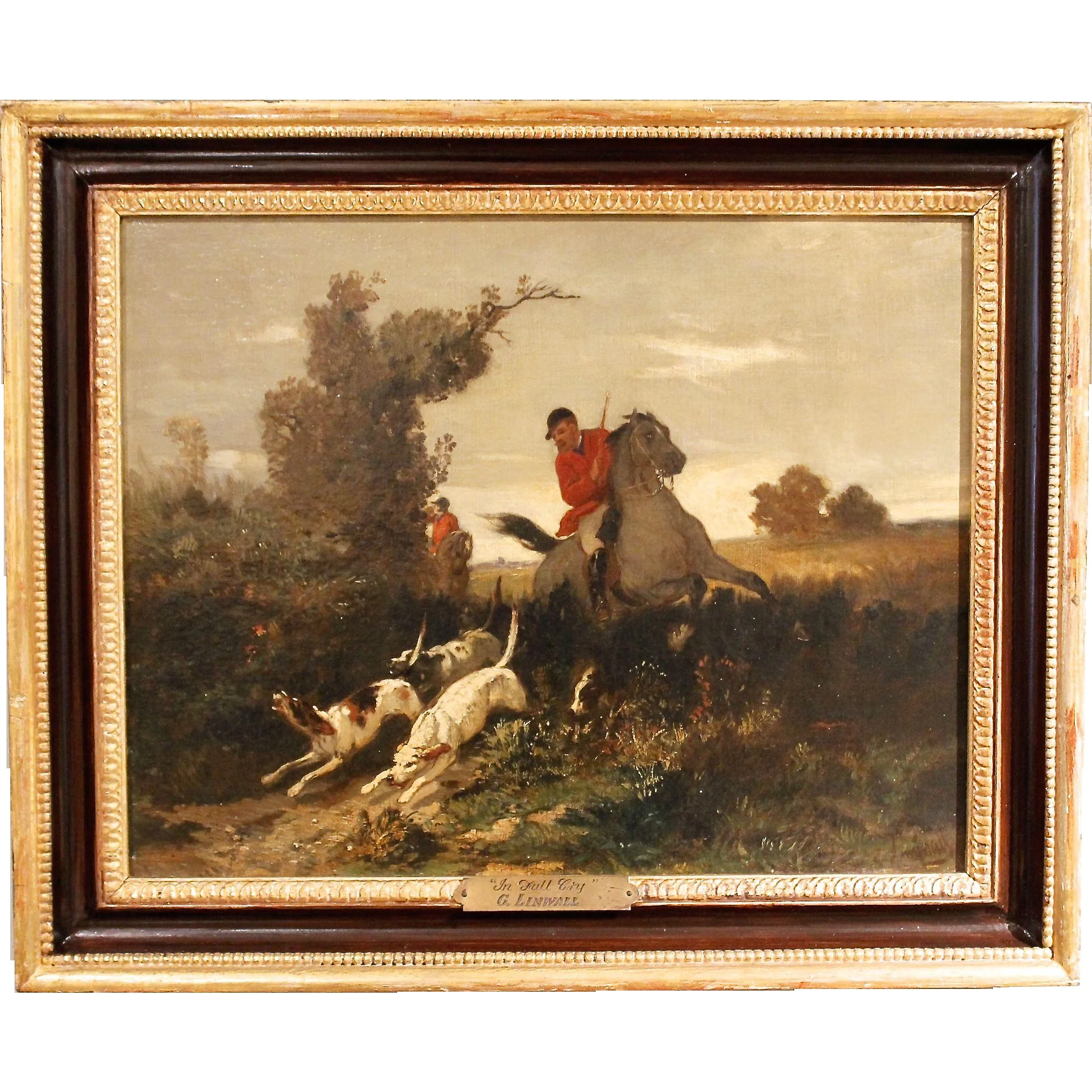 “In Full Cry” 19th Century Fox Hunting Oil on Canvas by G. Linwall