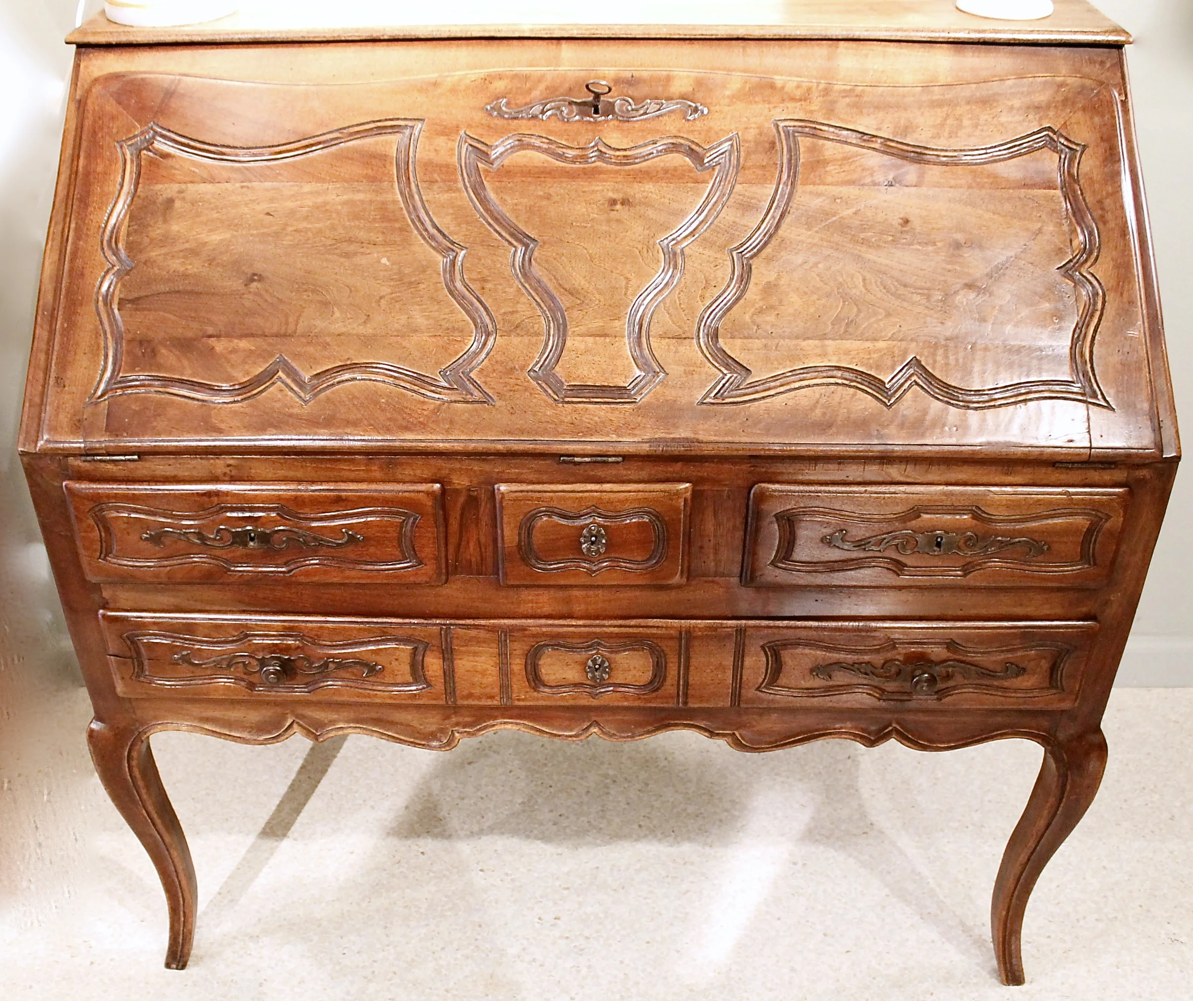 French Provincial Walnut Louis XV Style Slant Front Desk