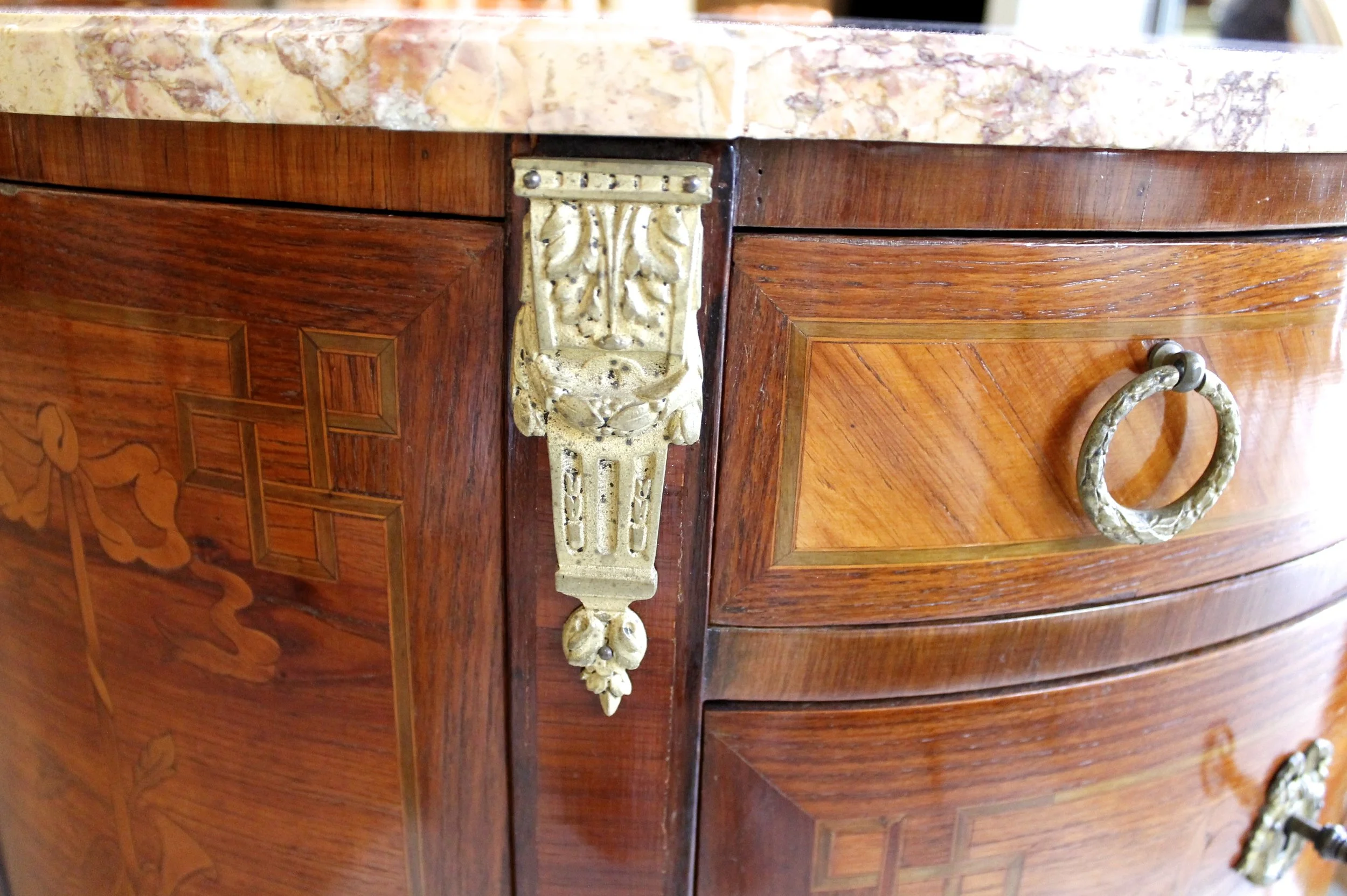French Transitional Style Marquetry Demilune Marble Top Cabinet