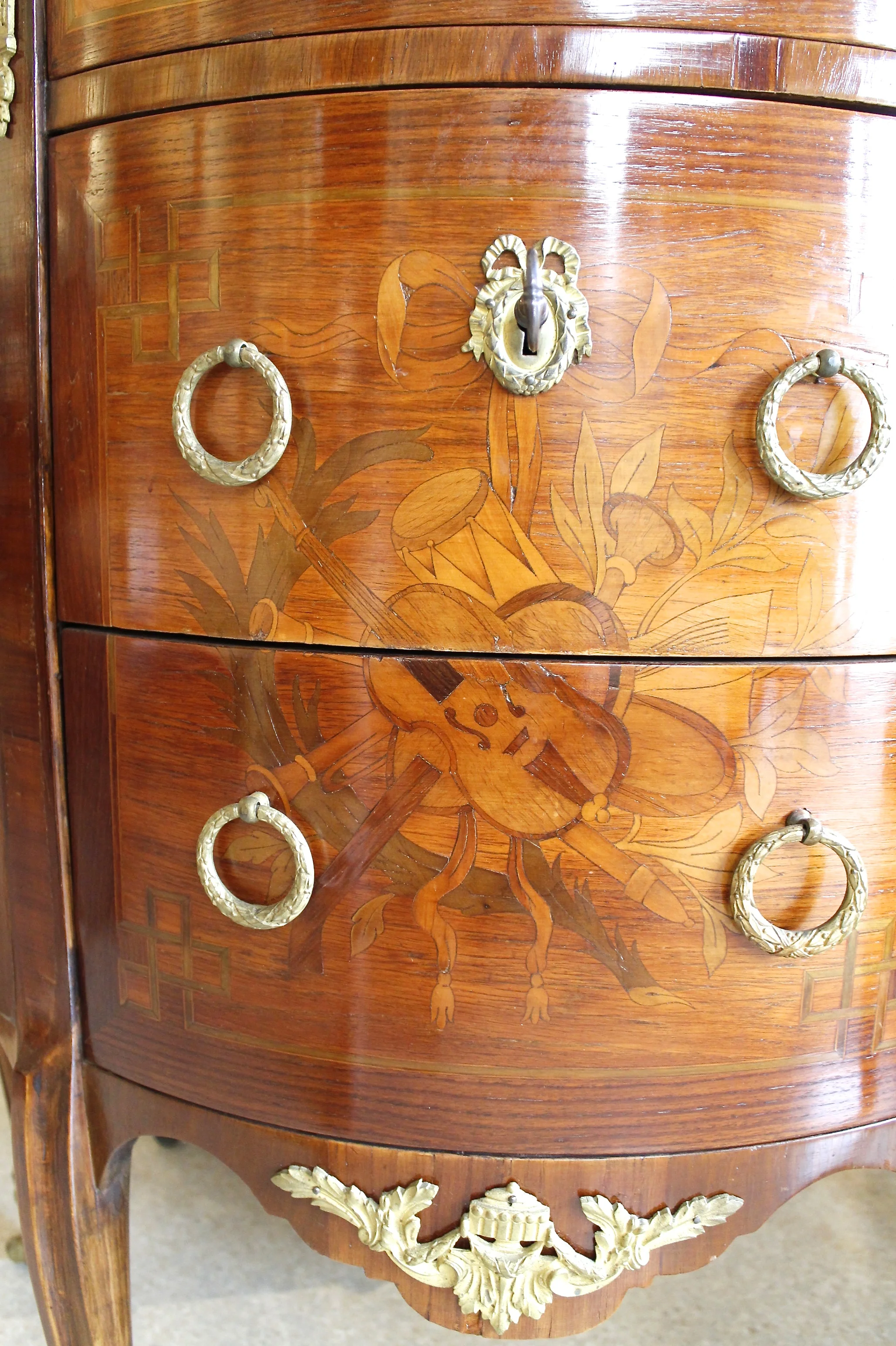 French Transitional Style Marquetry Demilune Marble Top Cabinet