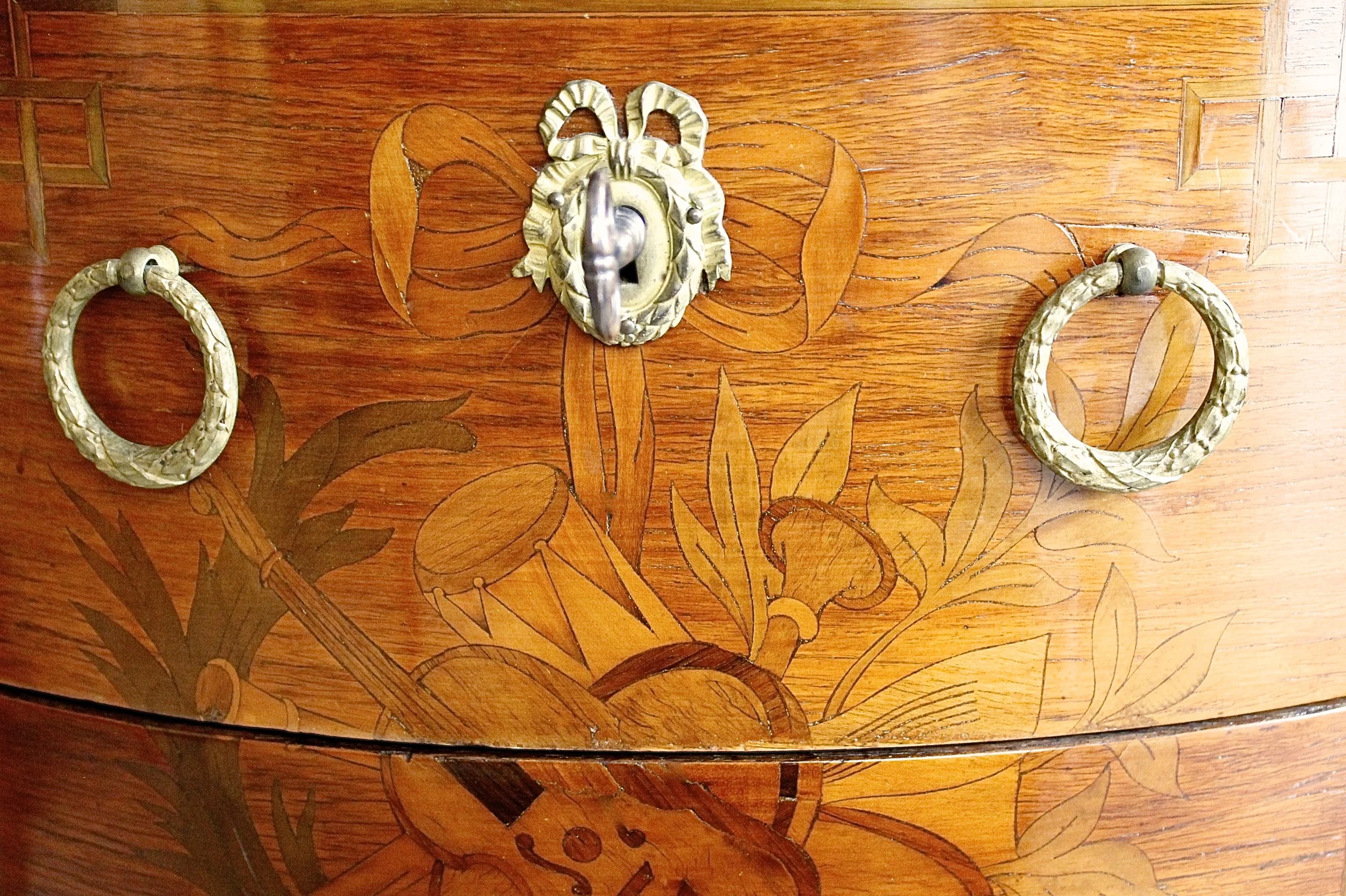 French Transitional Style Marquetry Demilune Marble Top Cabinet