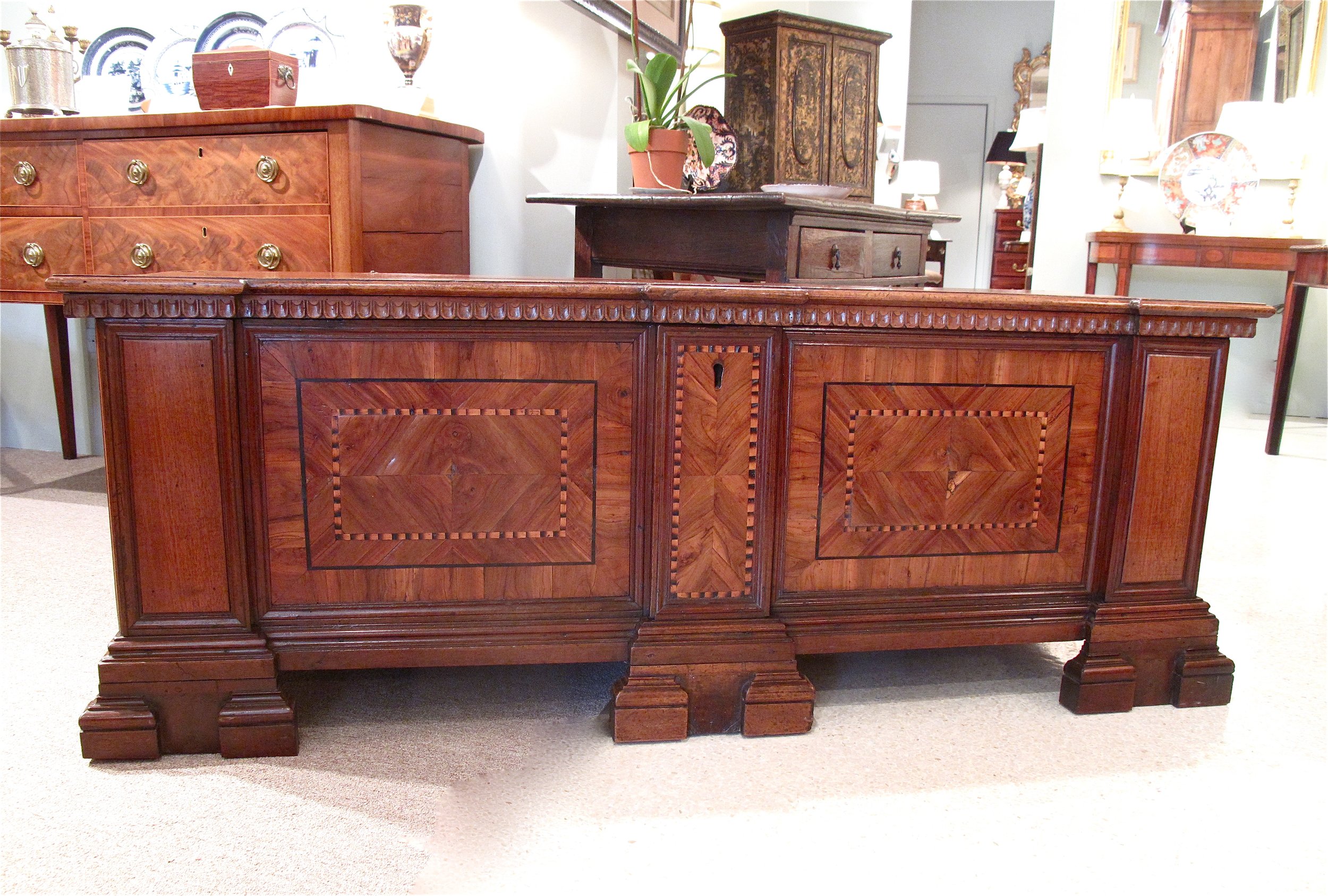 Italian Walnut and Marquetry Dowry Chest or Cassone