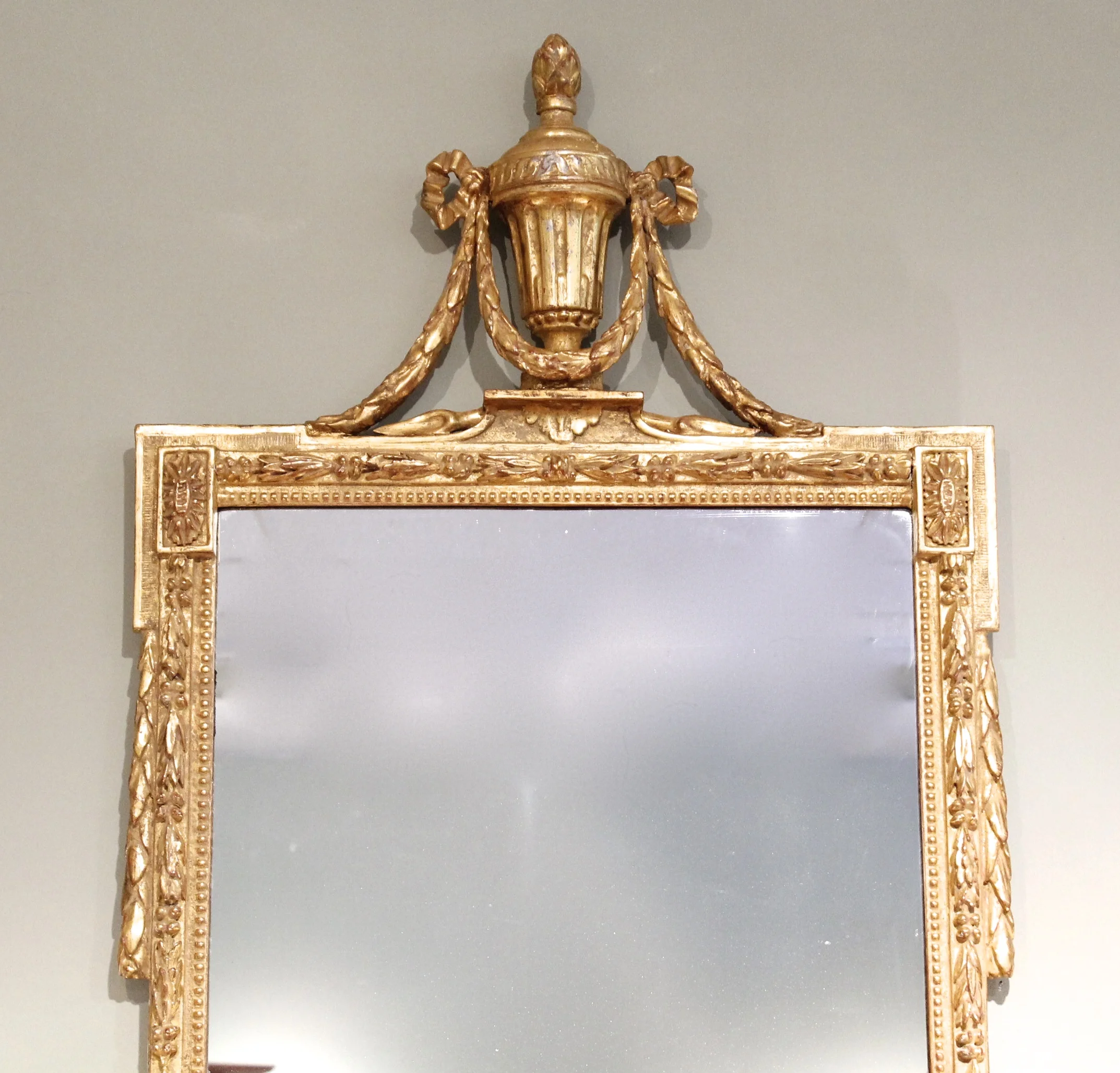 Large Italian Neoclassical Gilt Wood Mirror with Urn Crest