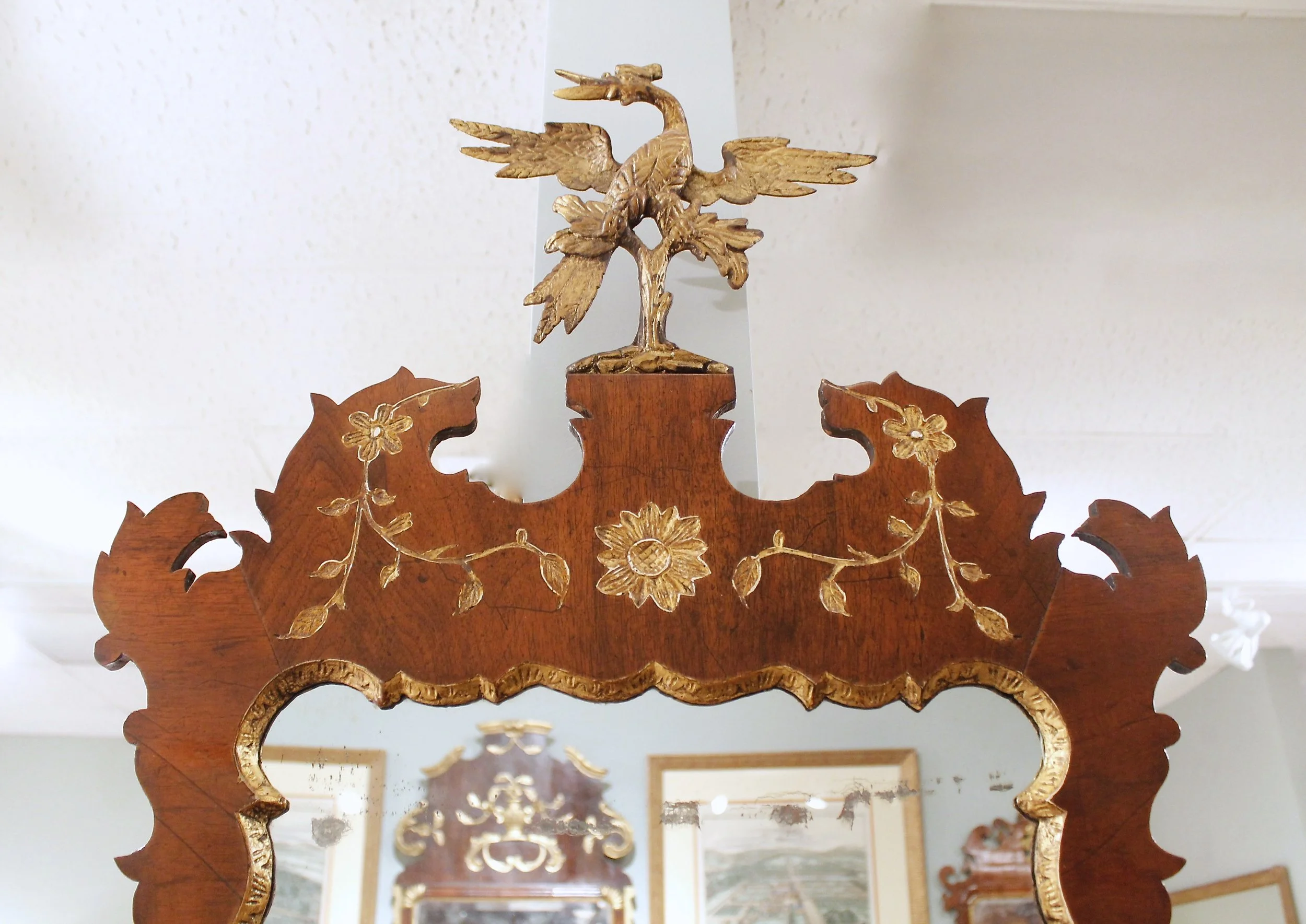 George II Style Walnut and Parcel Gilt Mirror with HoHo Bird Crest
