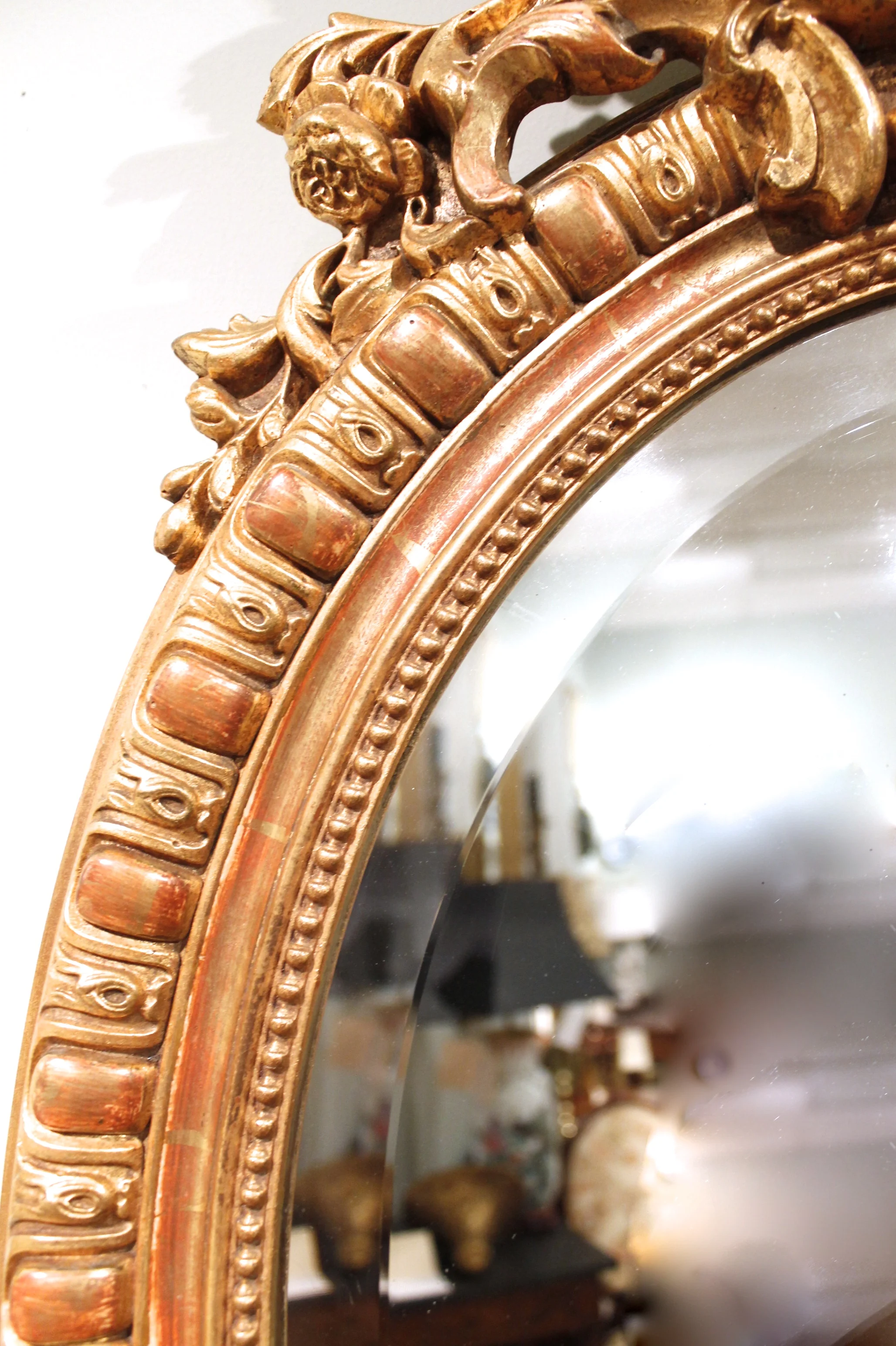 Oval French Gilded Rococo Crested Mirror, 19th Century