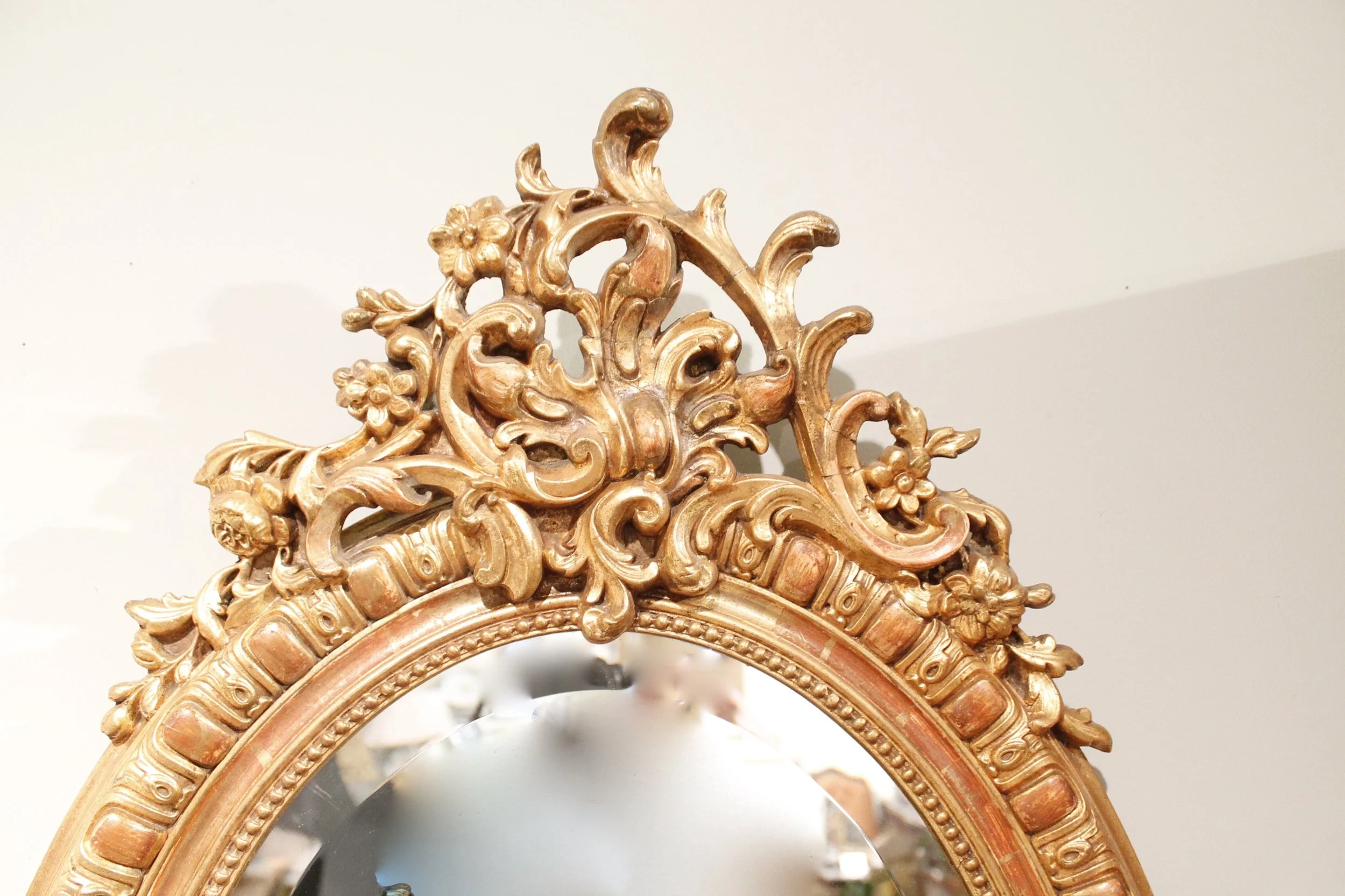 Oval French Gilded Rococo Crested Mirror, 19th Century