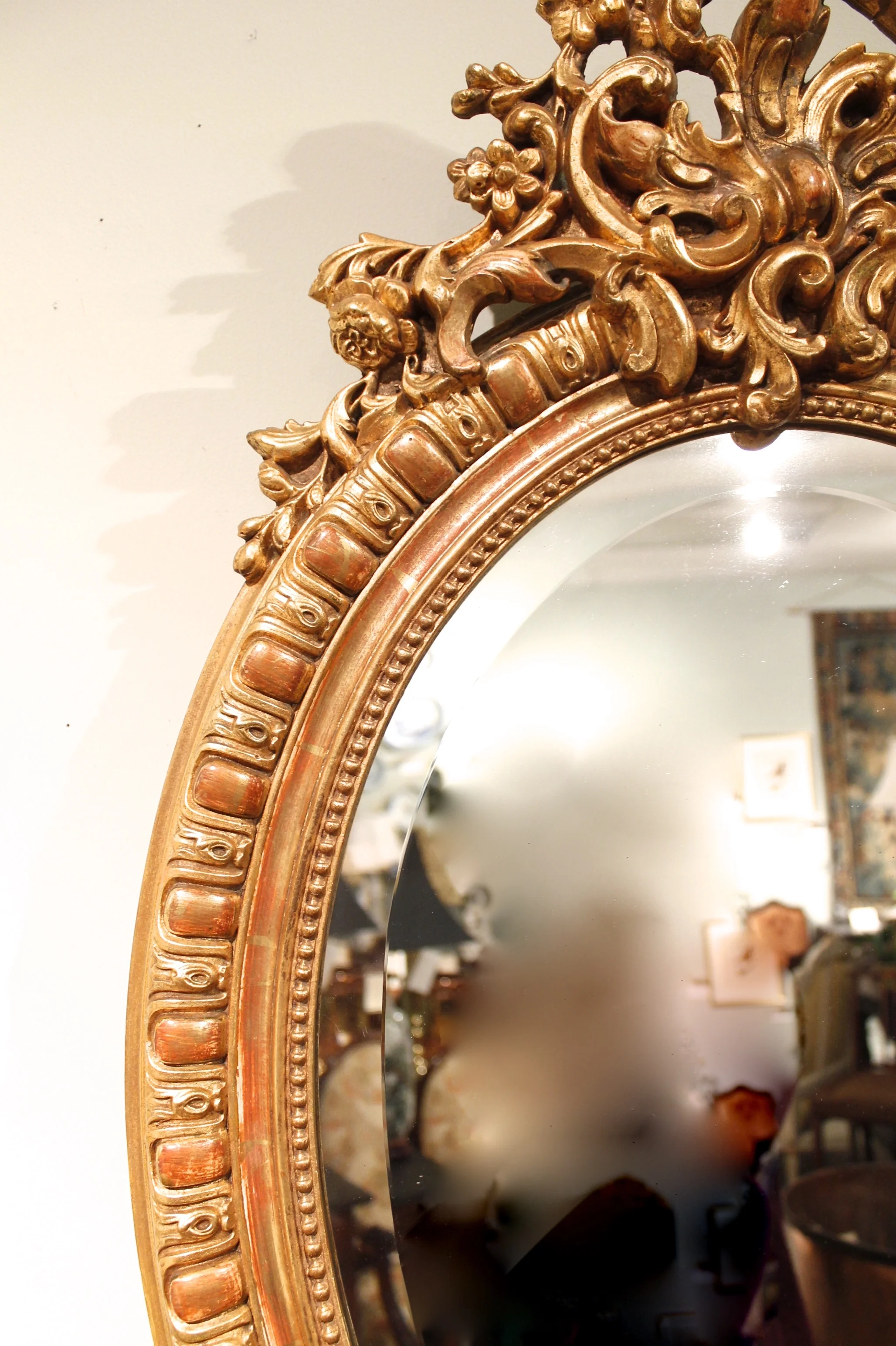 Oval French Gilded Rococo Crested Mirror, 19th Century