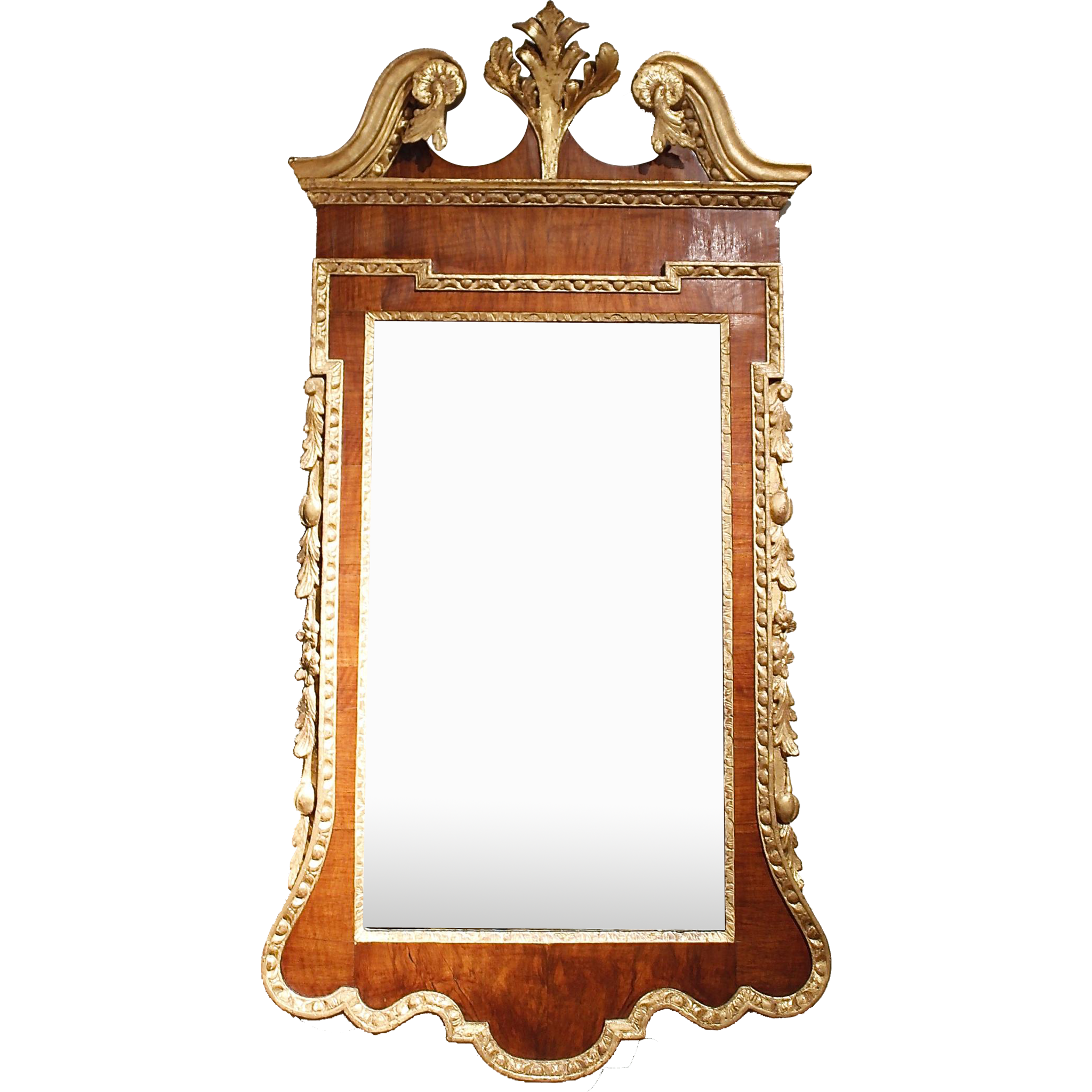 George II Period Walnut and Parcel Gilt Mirror with Pedimented Top, 18th Century
