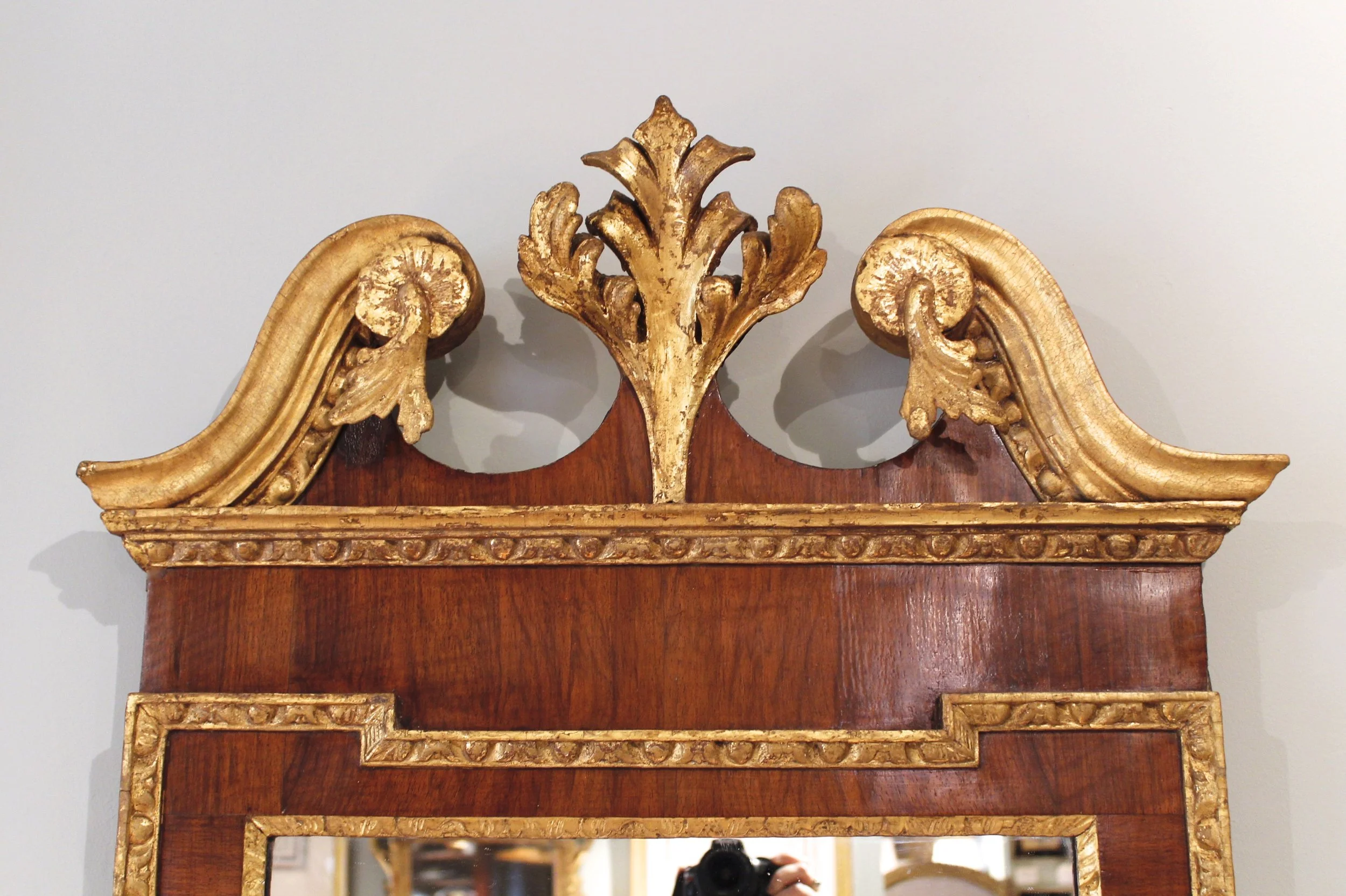 George II Period Walnut and Parcel Gilt Mirror with Pedimented Top, 18th Century