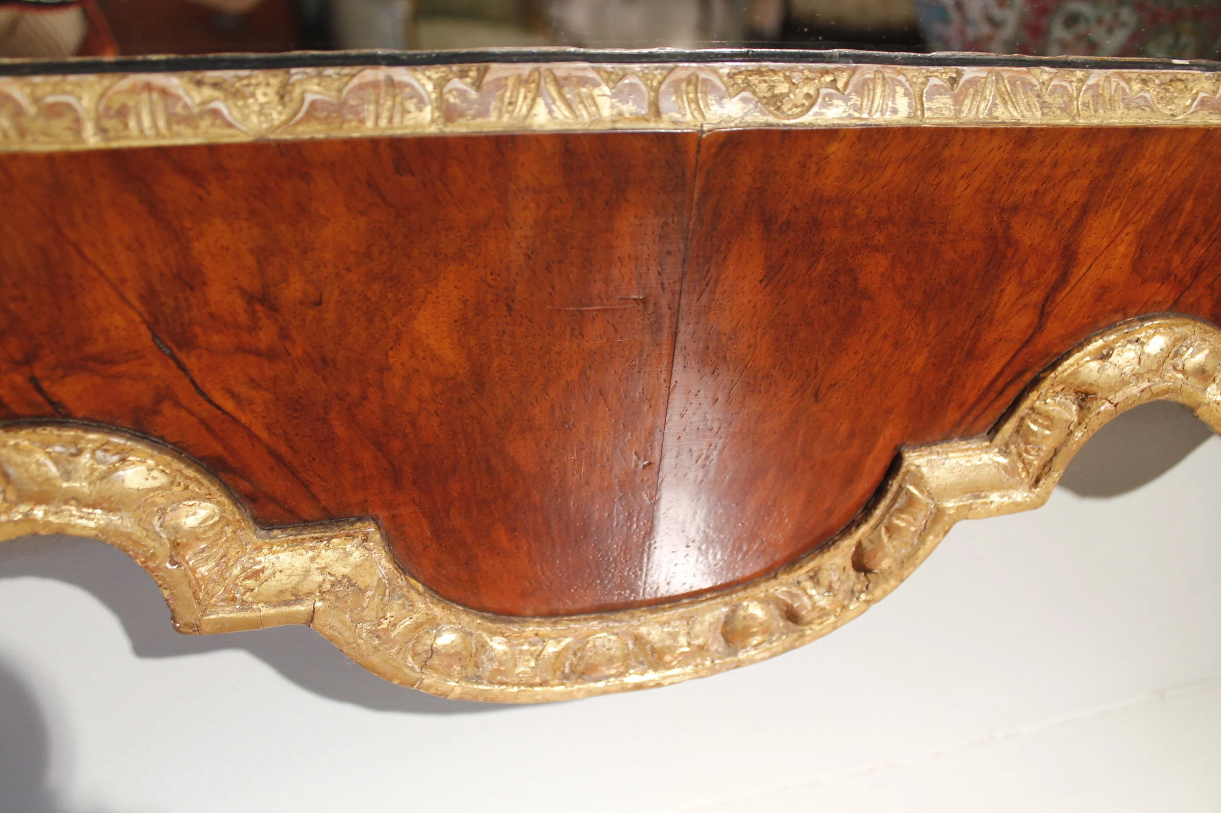 George II Period Walnut and Parcel Gilt Mirror with Pedimented Top, 18th Century