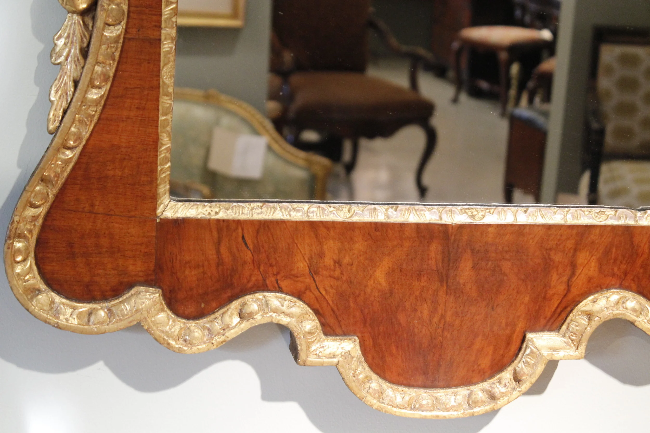 George II Period Walnut and Parcel Gilt Mirror with Pedimented Top, 18th Century