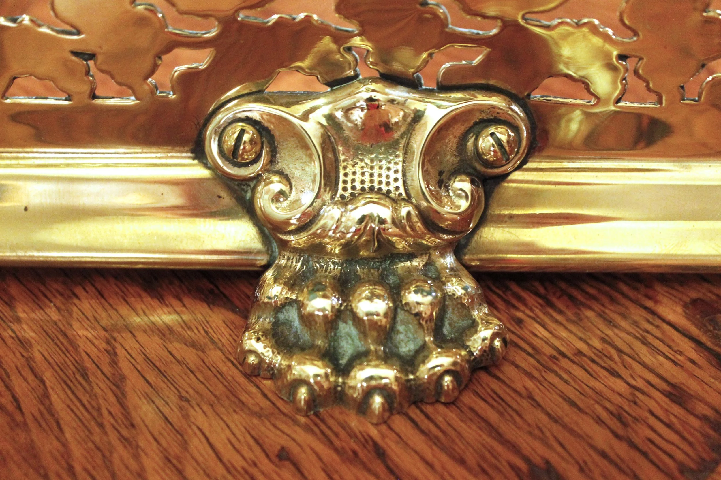 Pierced English Brass Fireplace Fender on Fancy Paw Feet