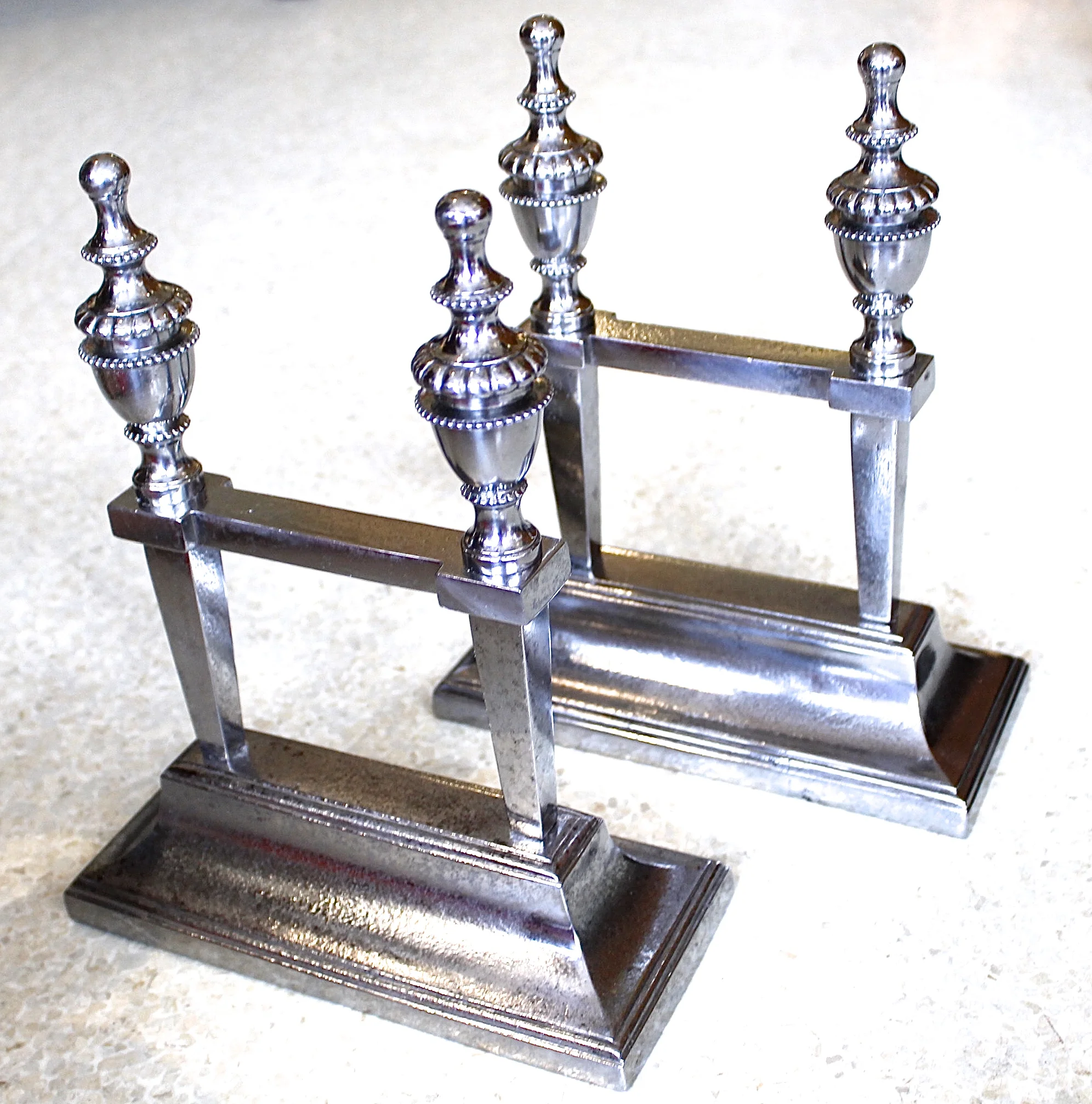 Pair of Fine George III Period Polished Steel Fire Dogs