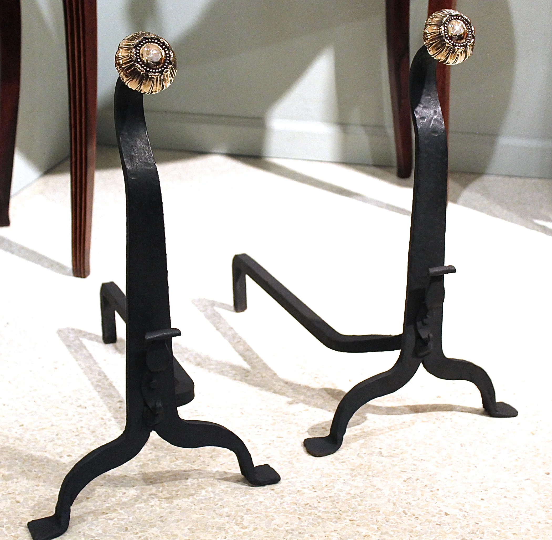 Pair of Wrought Iron and Bronze Art and Crafts Period Andirons, 19th Century