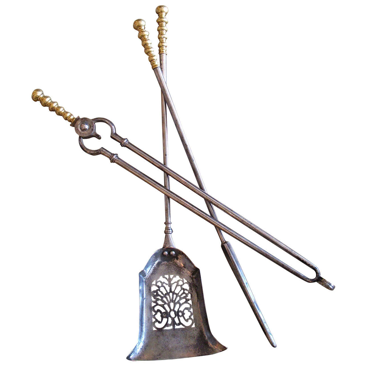 Set of Three George III Polished Steel and Brass Firetools