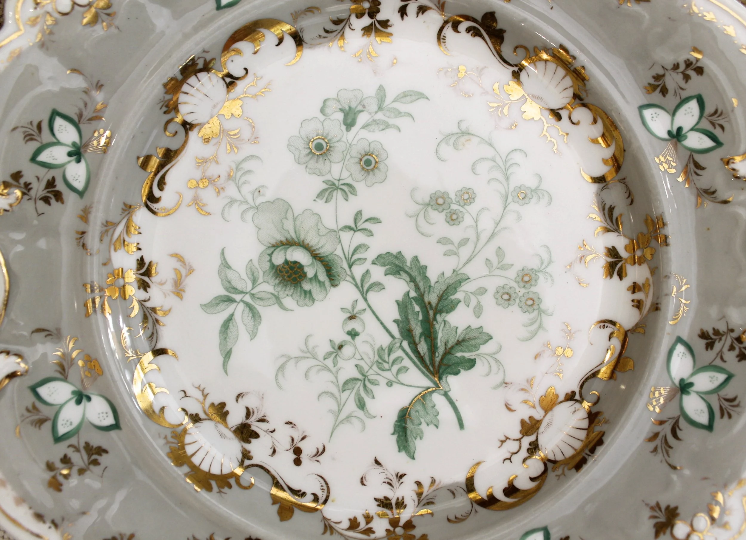 Set of Nine Interestingly Shaped English Grey and Gilt Decorated Porcelain Dishes, 19th Century