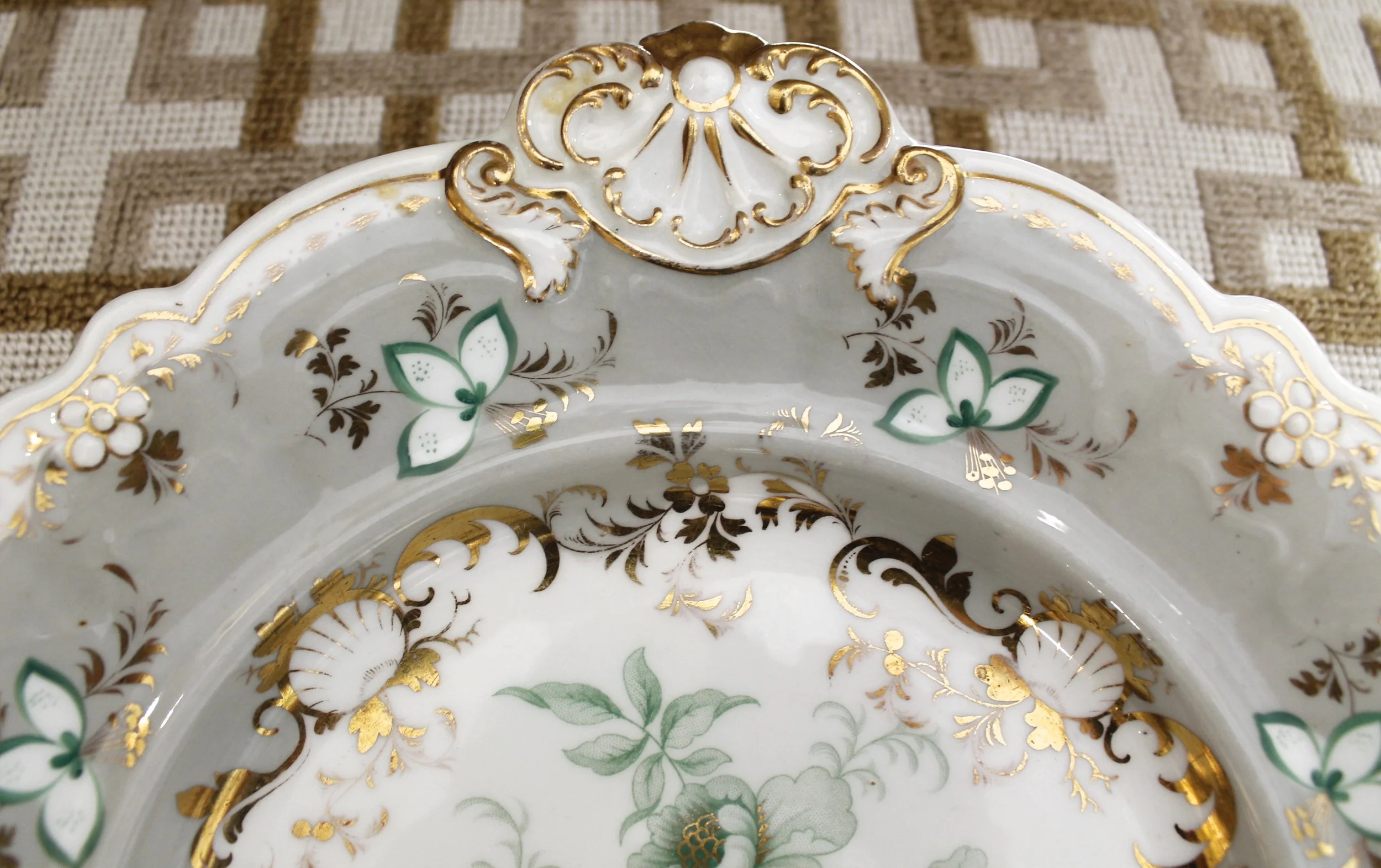 Set of Nine Interestingly Shaped English Grey and Gilt Decorated Porcelain Dishes, 19th Century