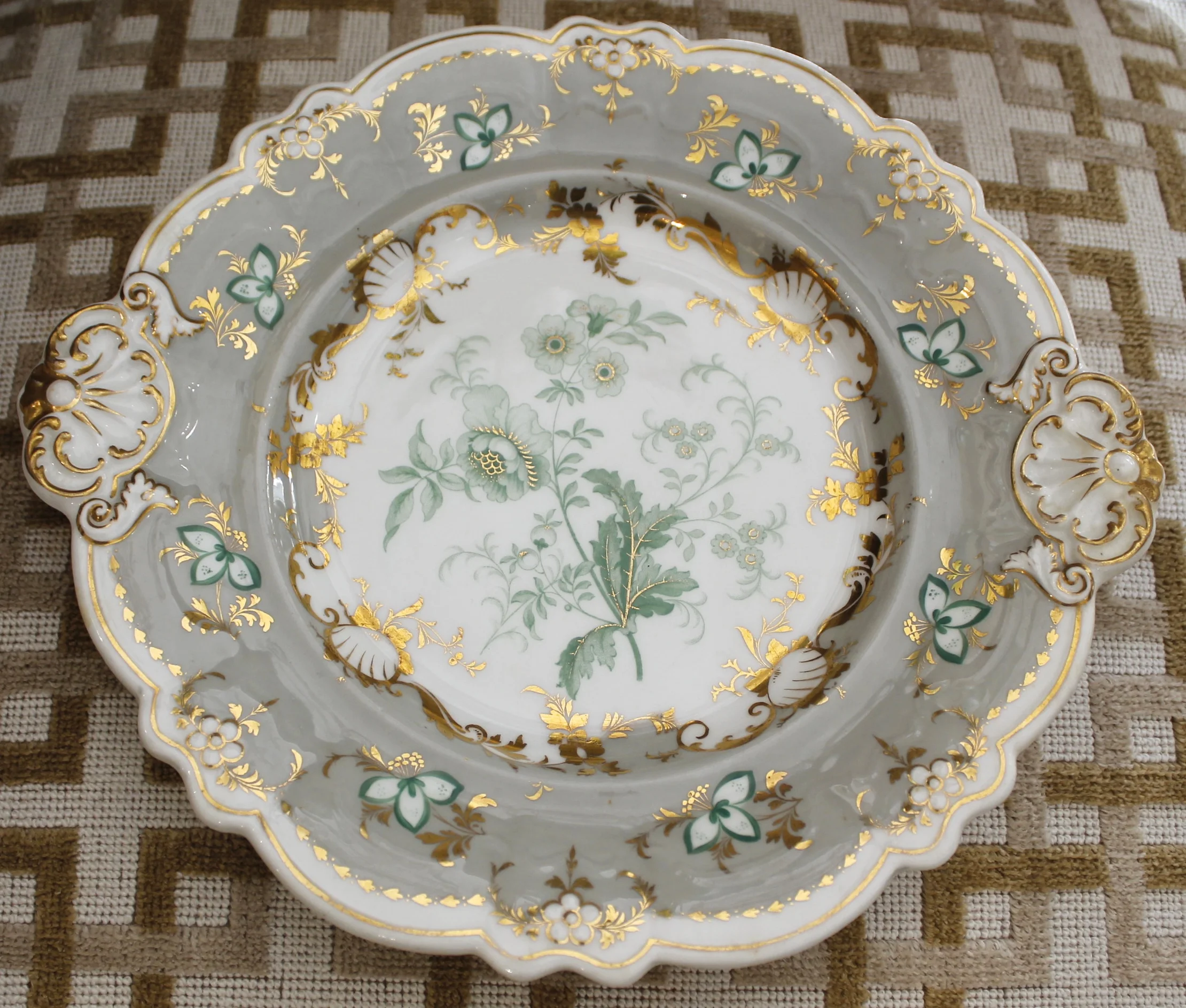 Set of Nine Interestingly Shaped English Grey and Gilt Decorated Porcelain Dishes, 19th Century