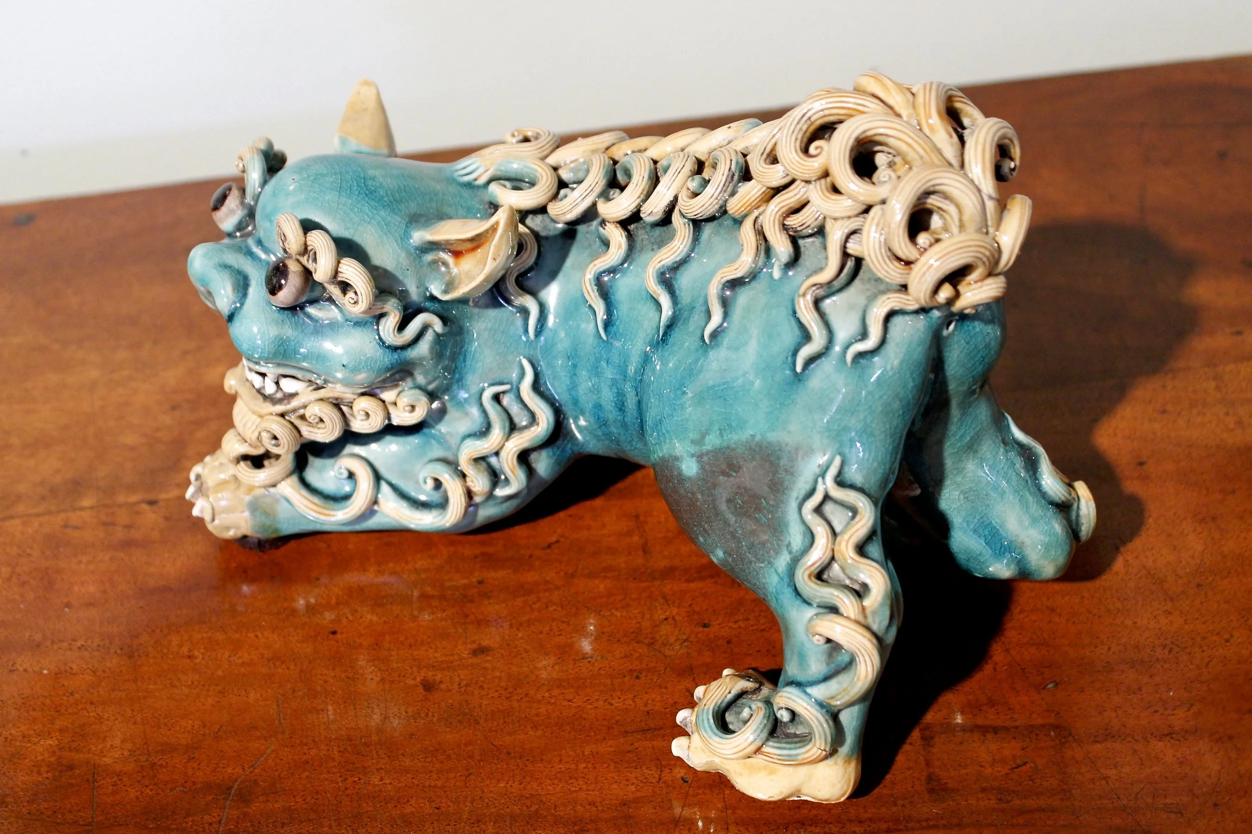 Pair of Aqua Glazed Chinese Terracotta Foo Dogs with Curly Fur