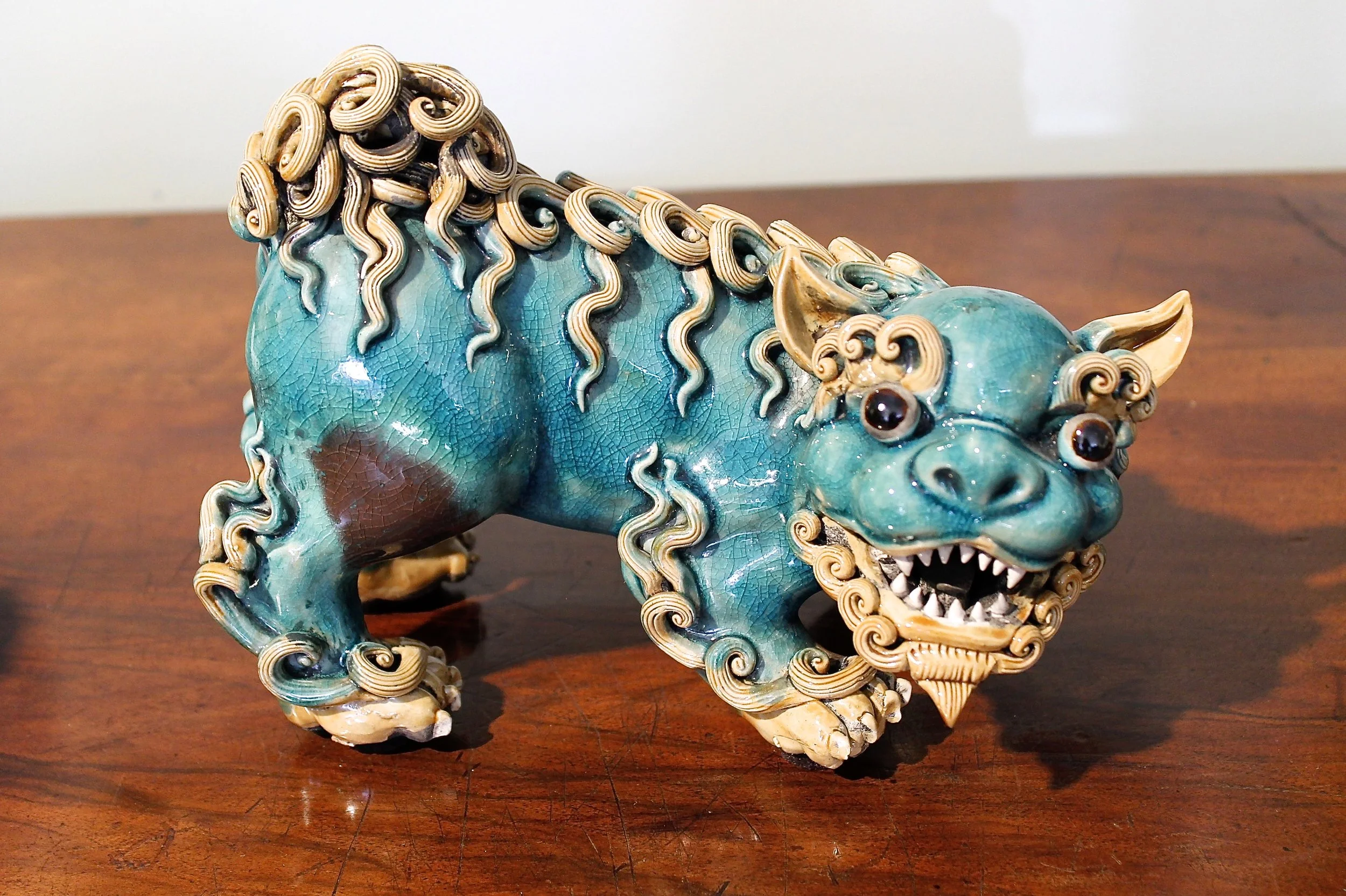 Pair of Aqua Glazed Chinese Terracotta Foo Dogs with Curly Fur