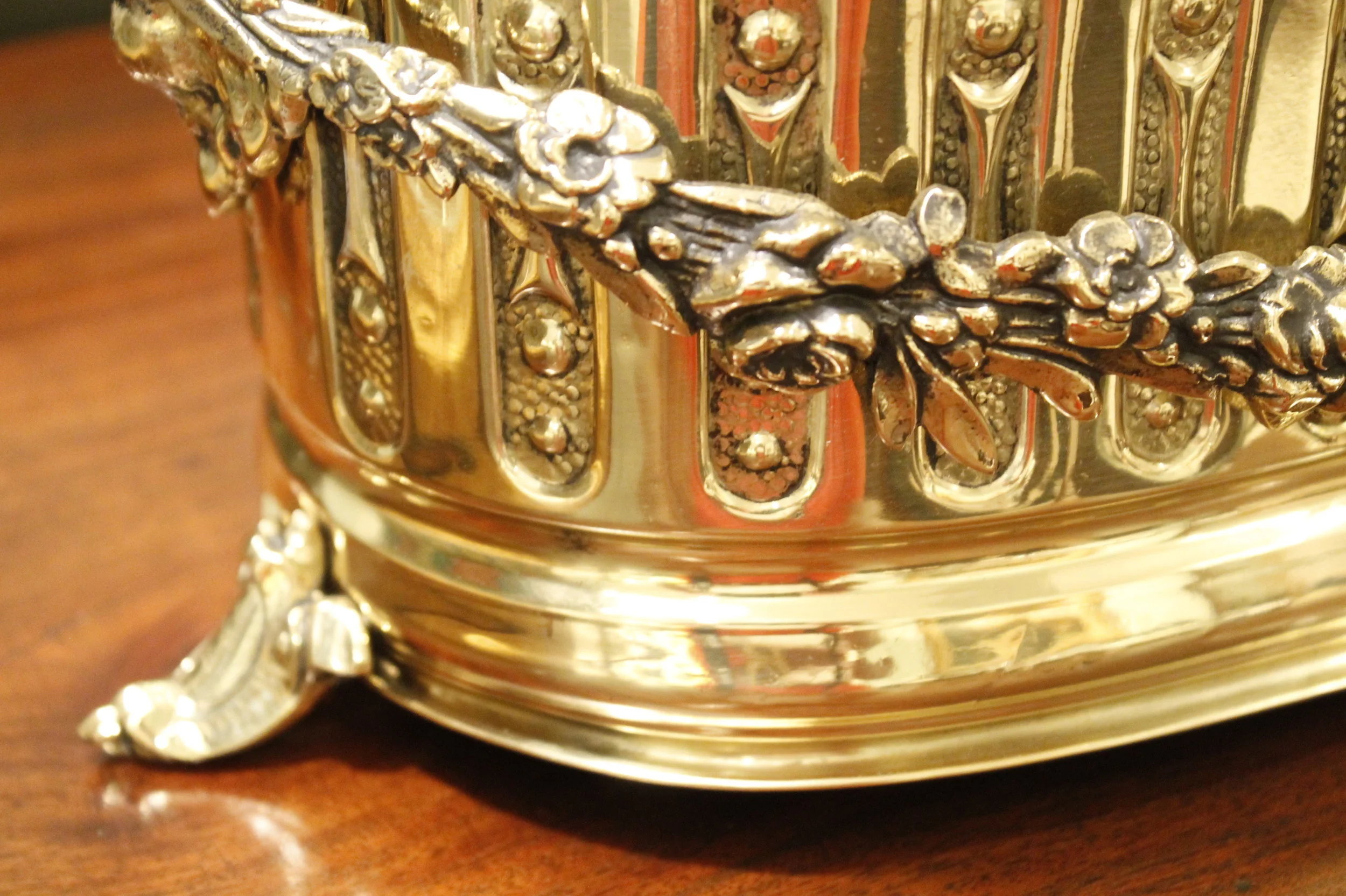 French Neoclassical Oval Brass Cachepot with Liner