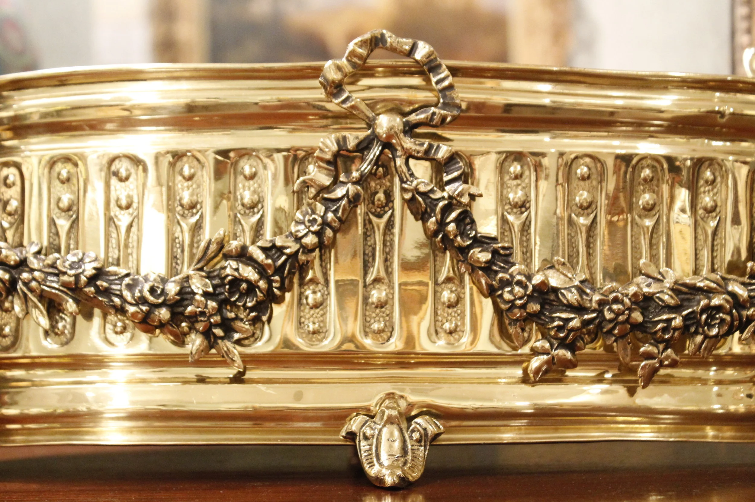 French Neoclassical Oval Brass Cachepot with Liner