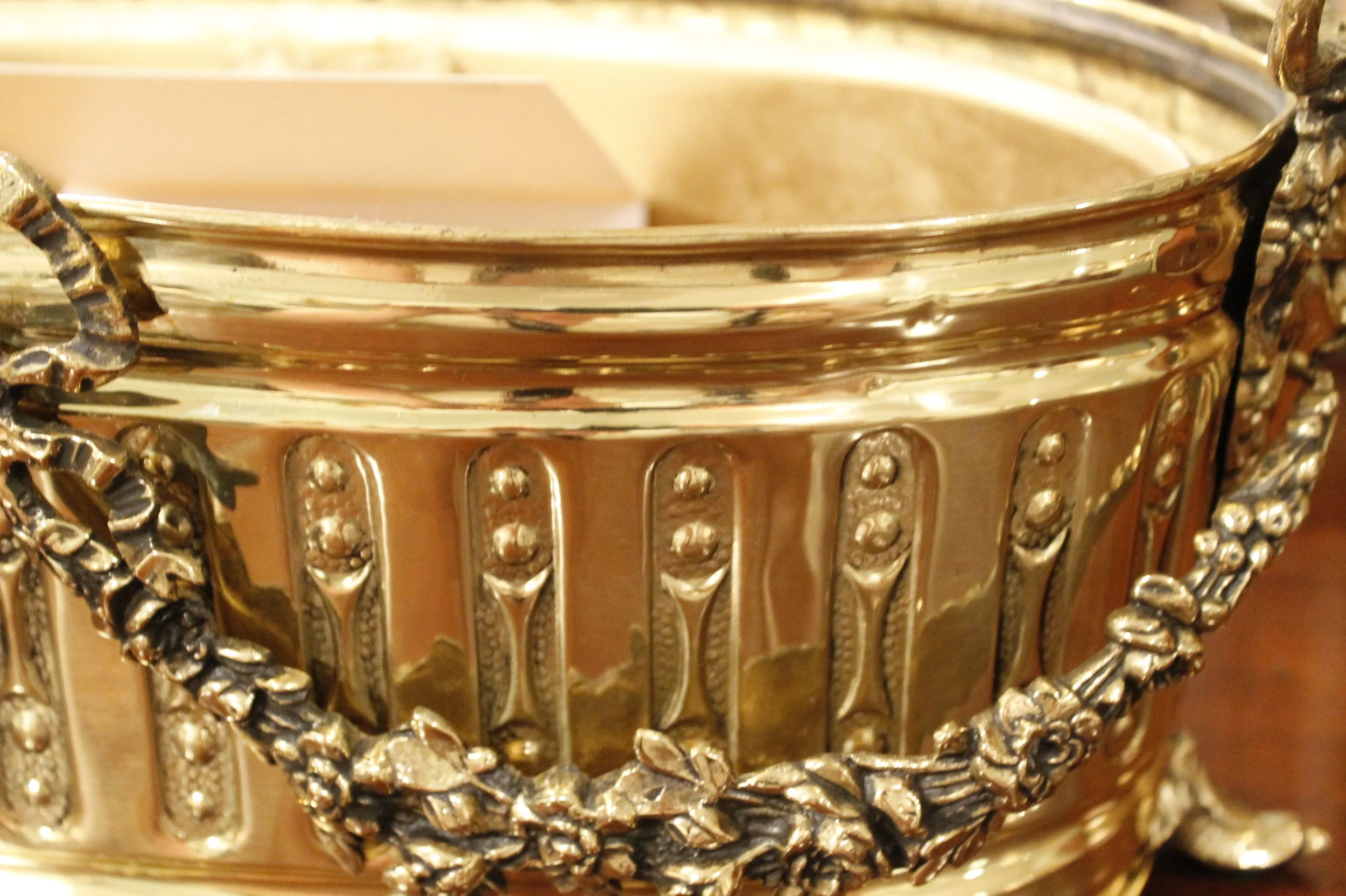 French Neoclassical Oval Brass Cachepot with Liner