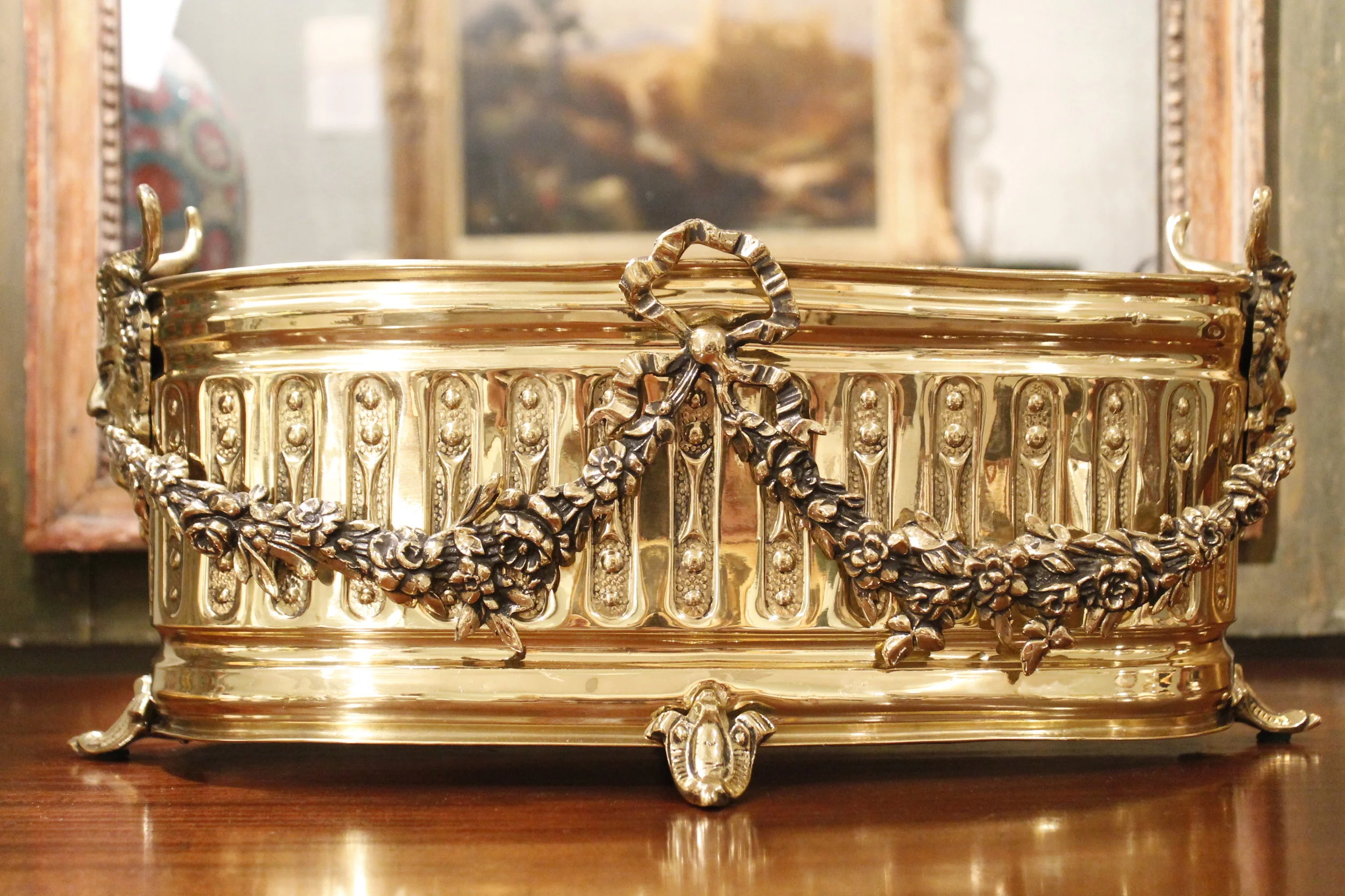 French Neoclassical Oval Brass Cachepot with Liner