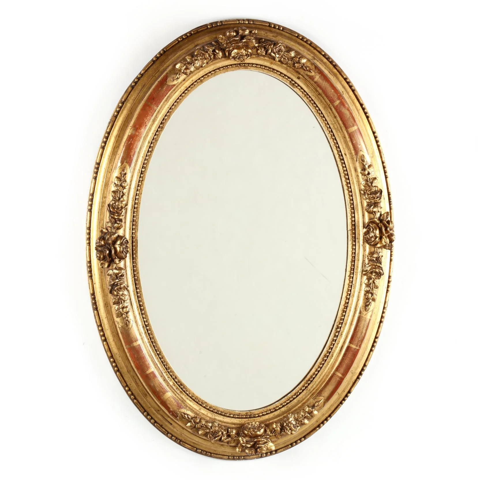 French Oval Giltwood Mirror with Flower Decoration