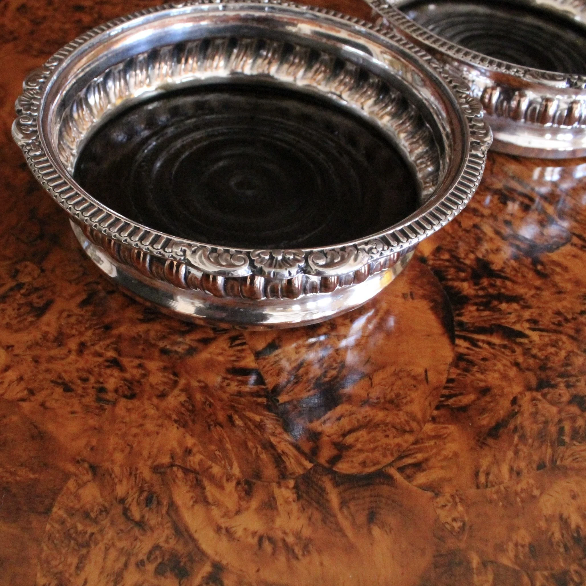 English Silver on Copper Gadrooned Wine Bottle Coasters, pair