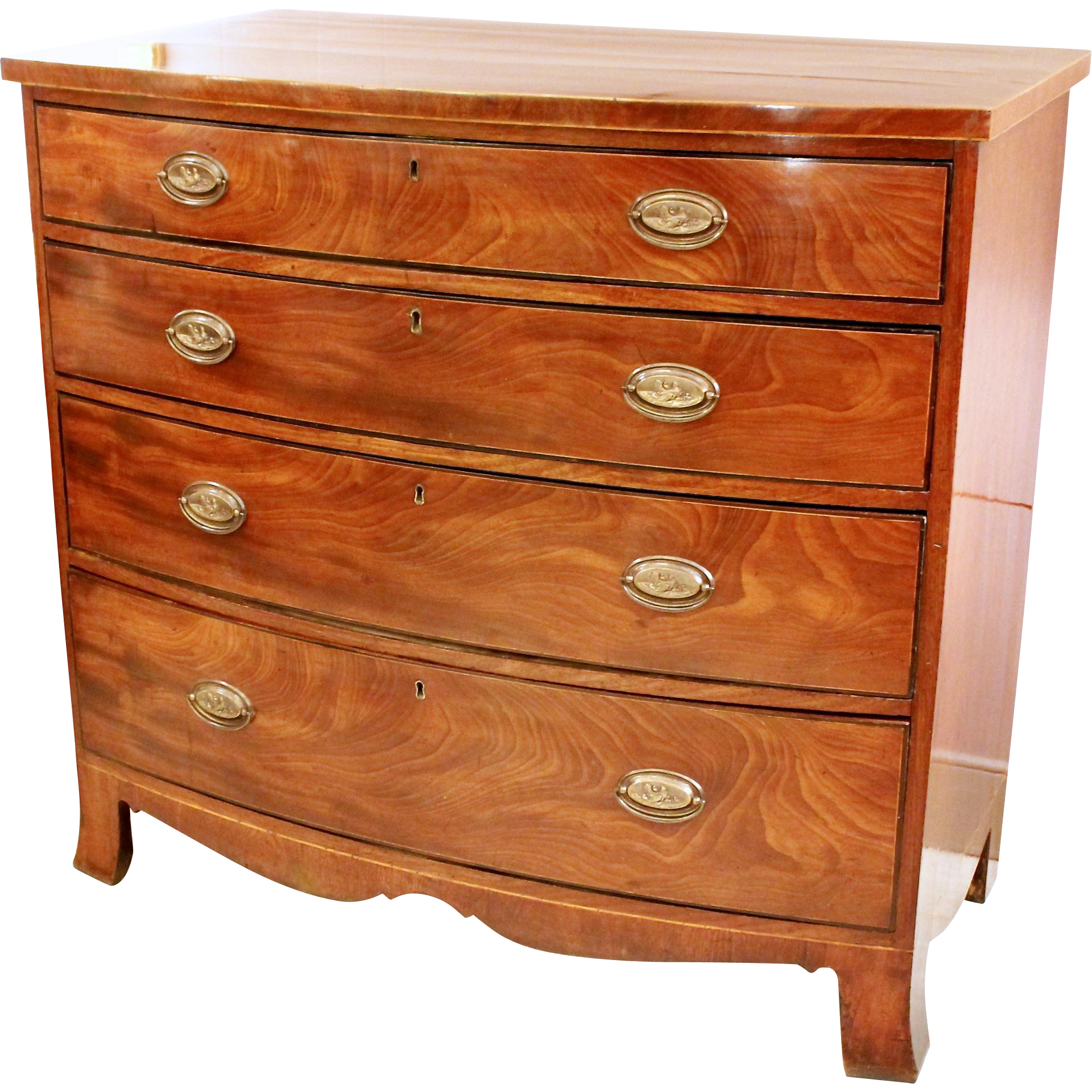 English George III Figured Mahogany Bowfront Chest of Drawers with Ebonized Borders