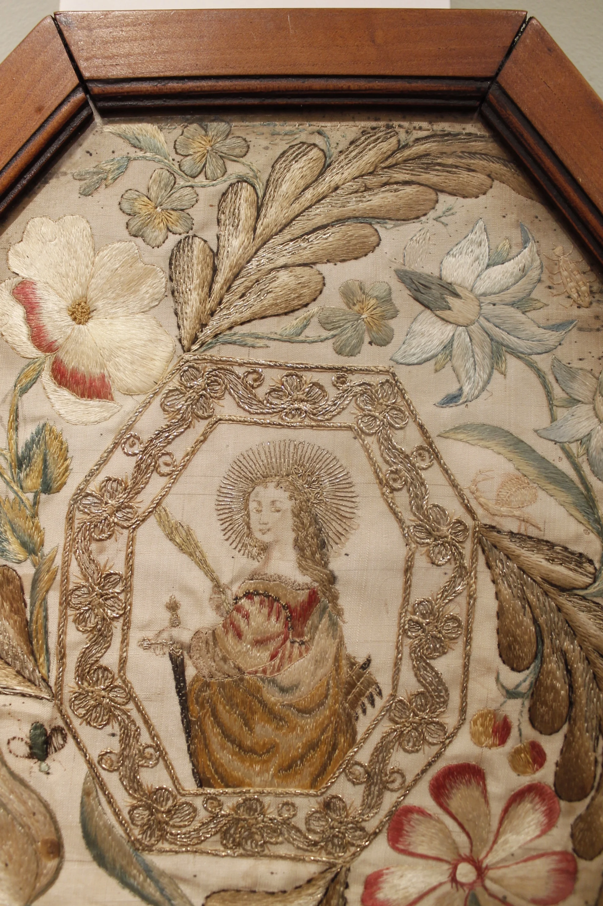 Silk and Gold Thread Framed Needle Work with Saint Catherine of Alexandria