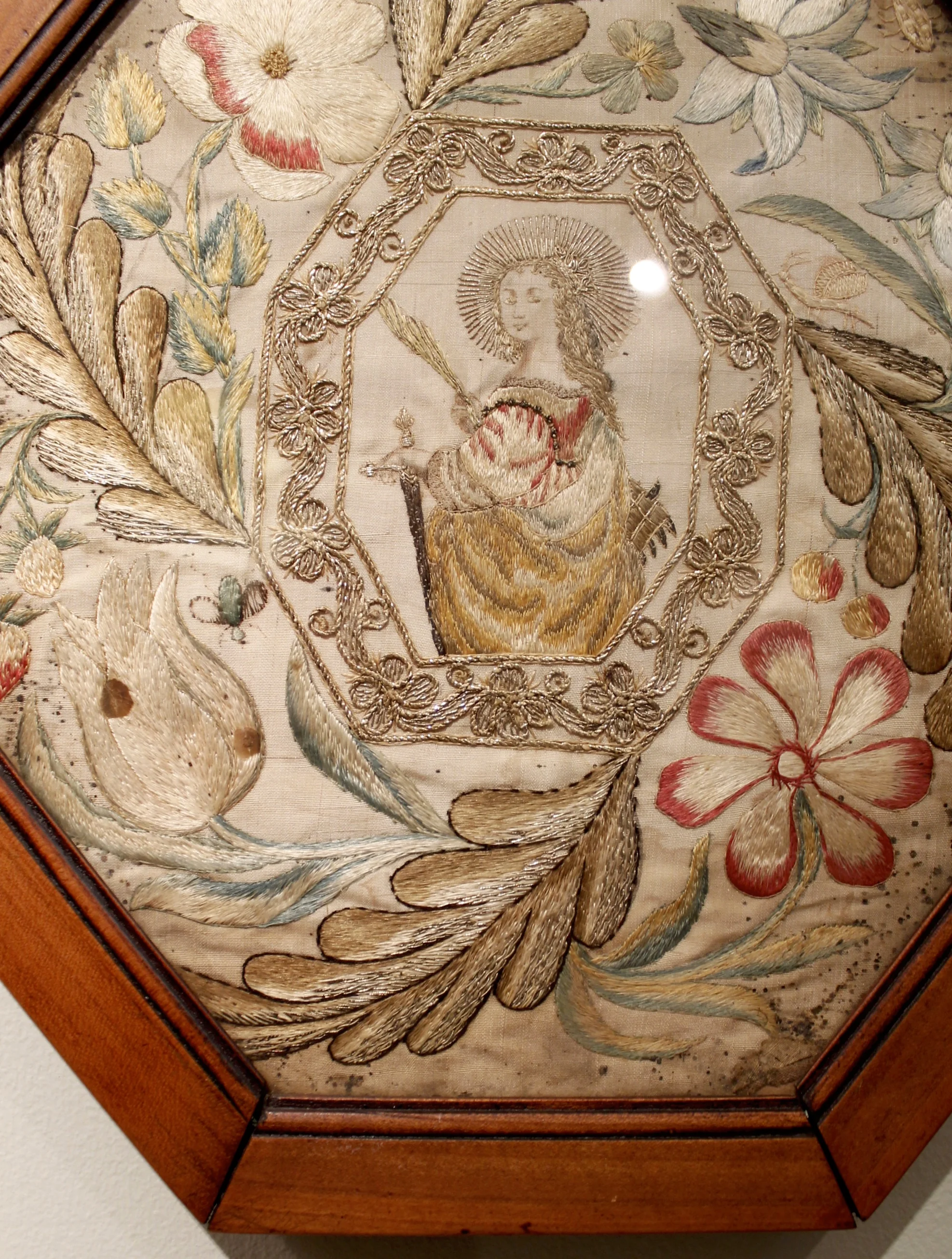 Silk and Gold Thread Framed Needle Work with Saint Catherine of Alexandria