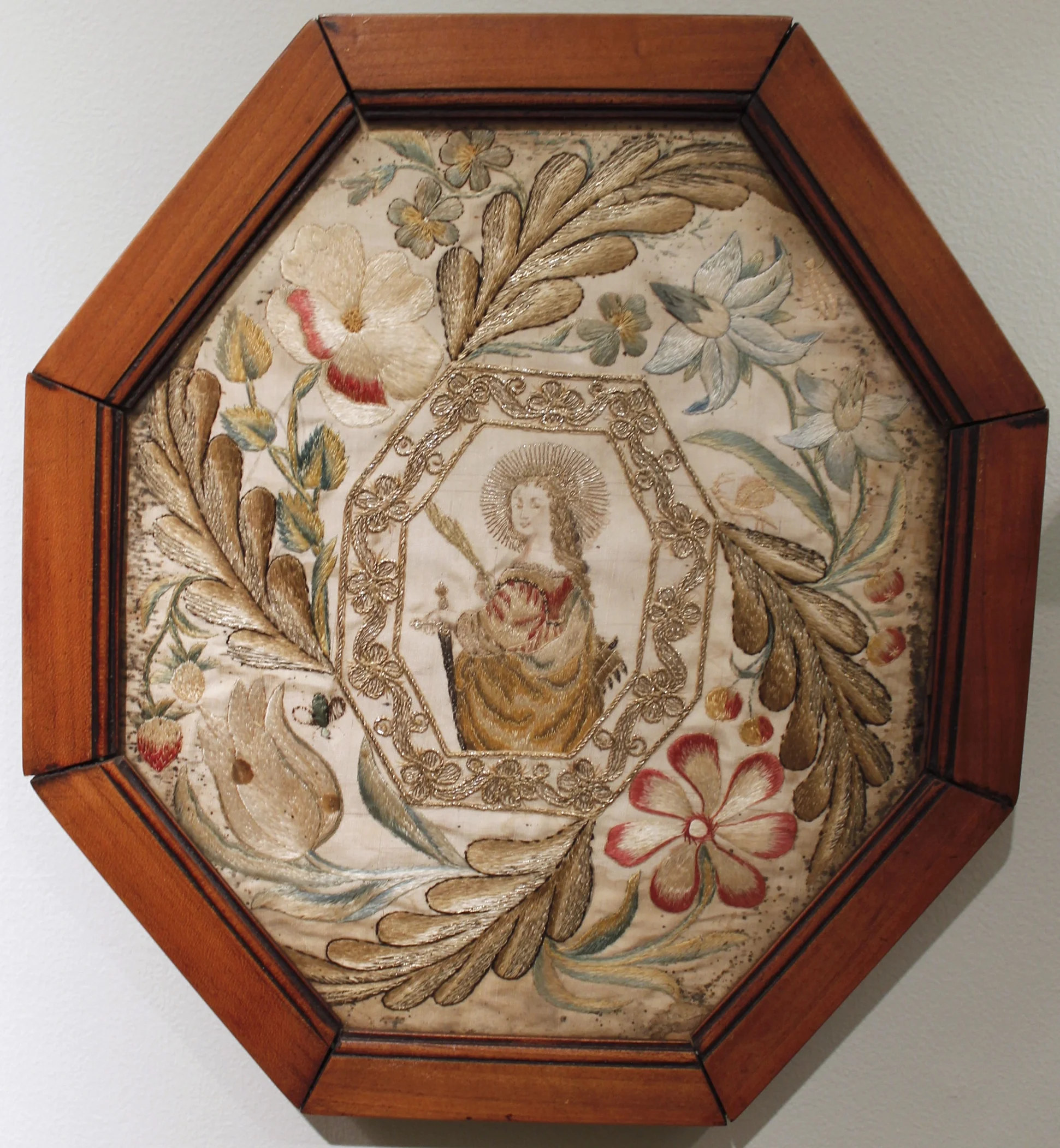 Silk and Gold Thread Framed Needle Work with Saint Catherine of Alexandria