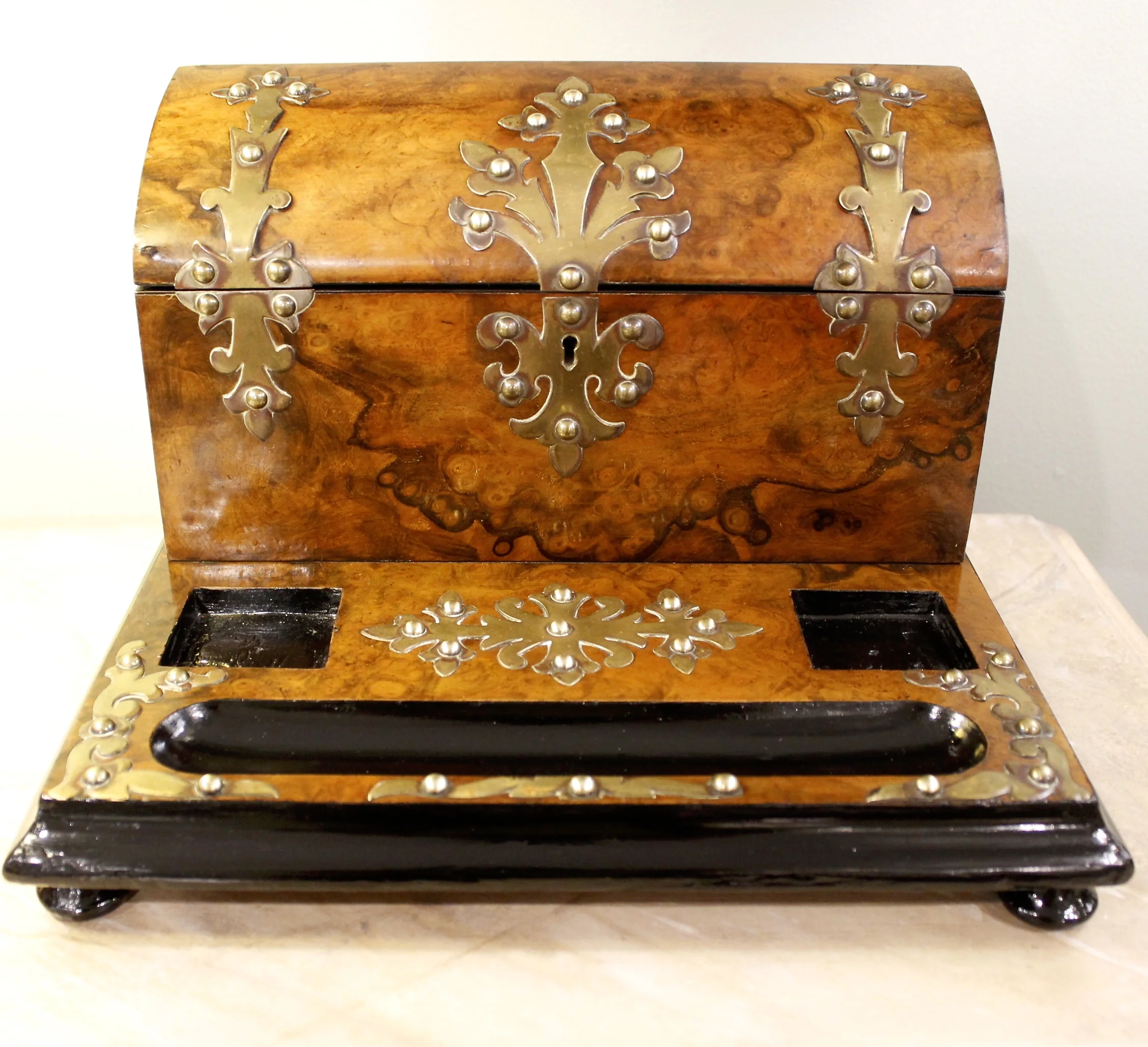 English Burl Walnut Letterbox Standish with Brass Mounts