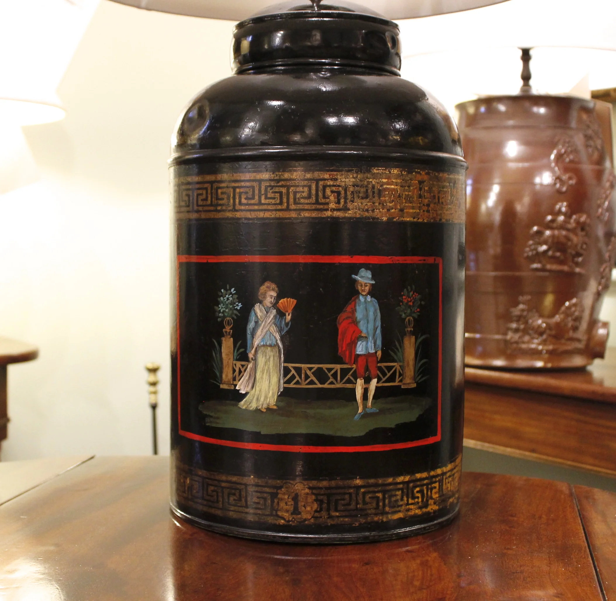 19th Century English Tôle Tea Cannister Lamp with Gilded Greek Key