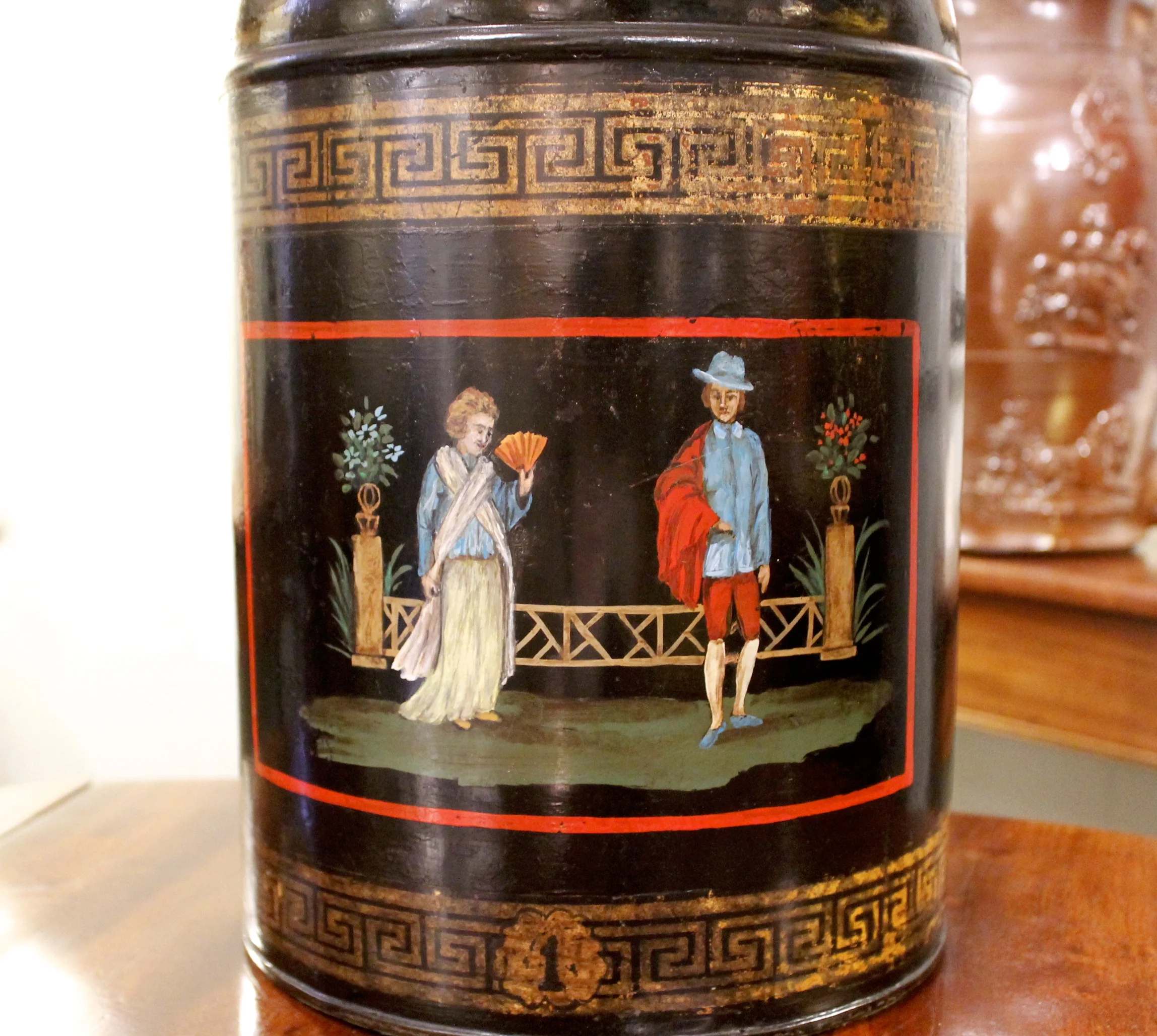 19th Century English Tôle Tea Cannister Lamp with Gilded Greek Key