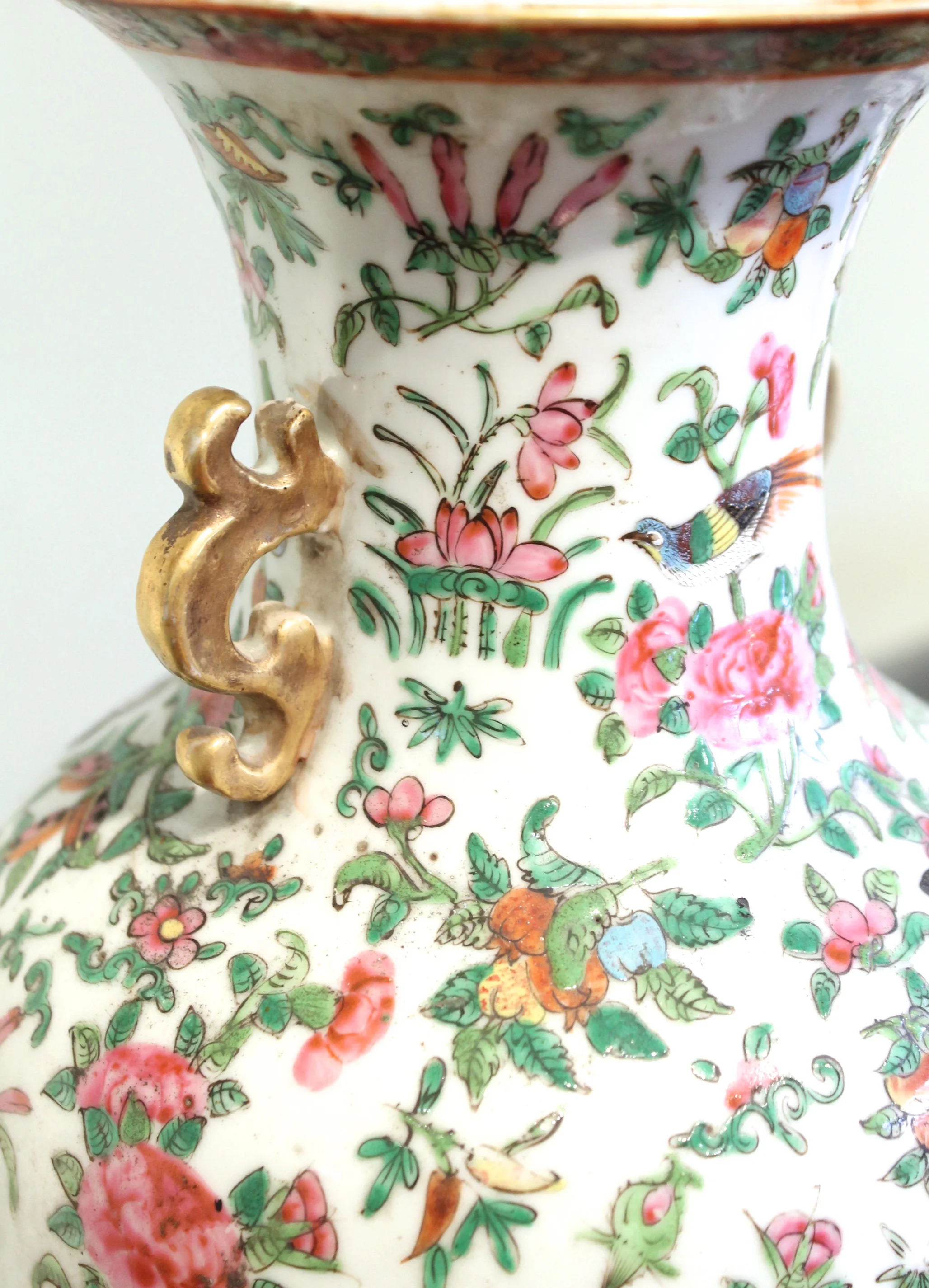 Chinese Export Rose Canton Handled Vase Lamp
