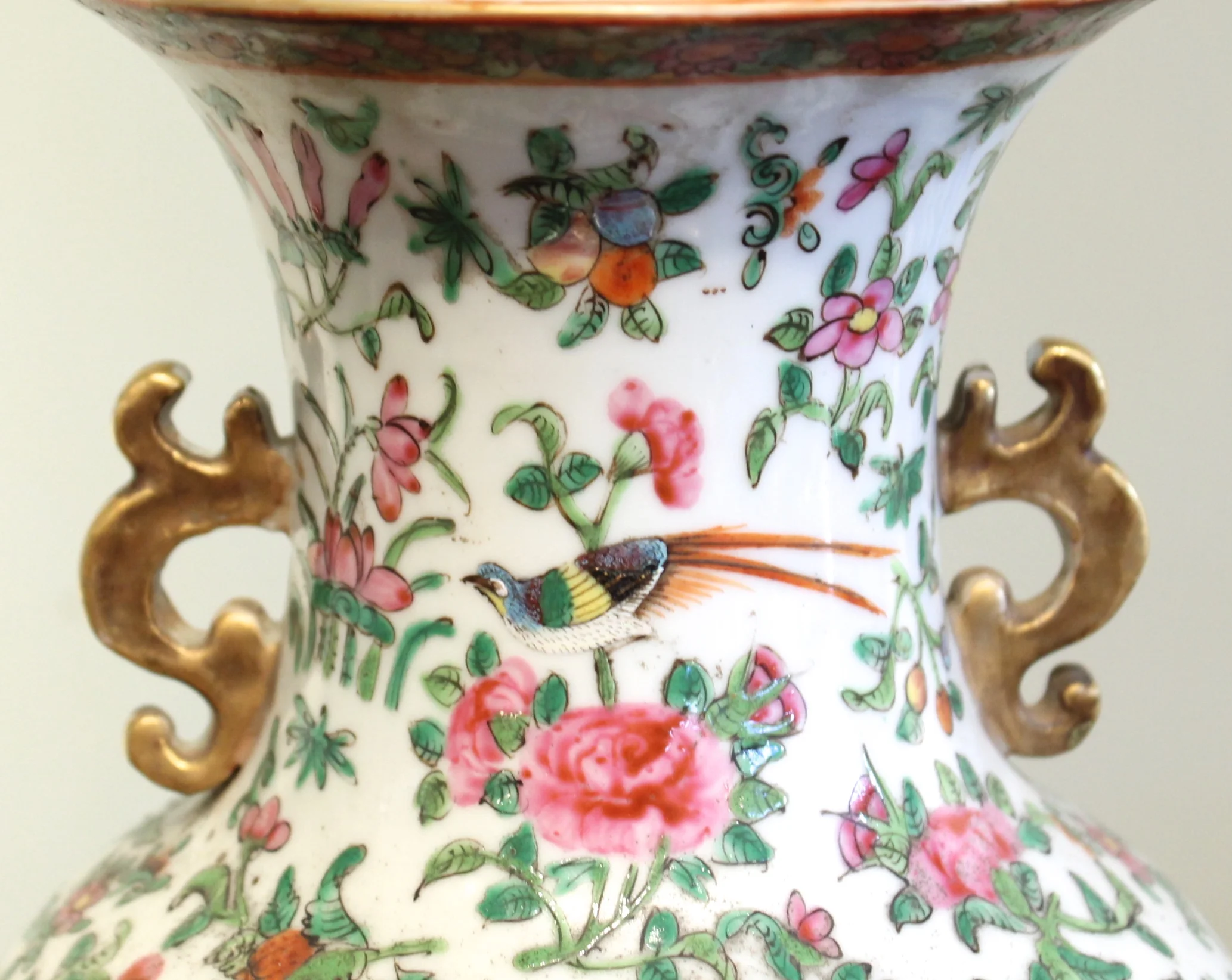 Chinese Export Rose Canton Handled Vase Lamp