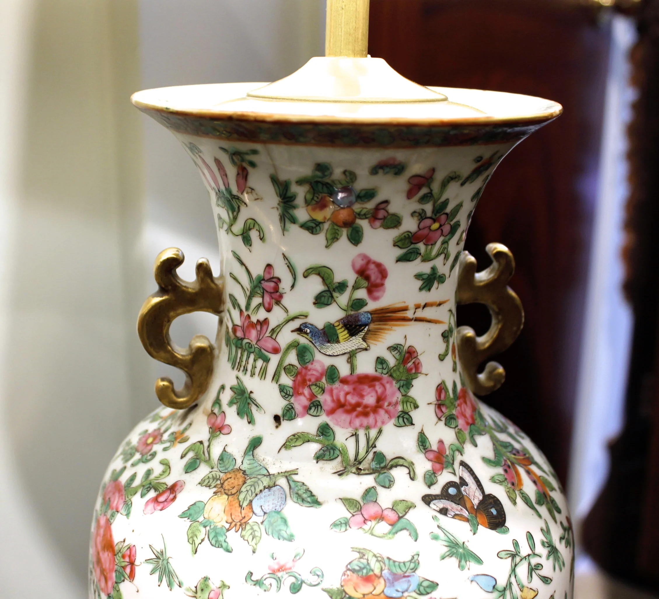 Chinese Export Rose Canton Handled Vase Lamp