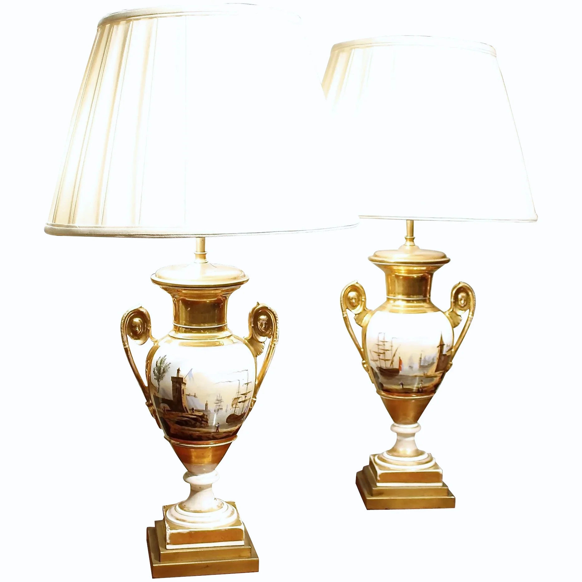 Pair of Fine Paris Porcelain Vase Lamps with Harbor Scenes