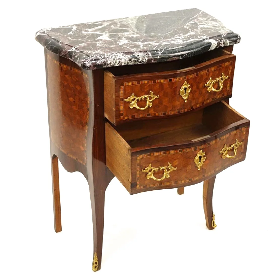 Louis XV Style Parquetry Marble Topped Mini Commode/Side Table