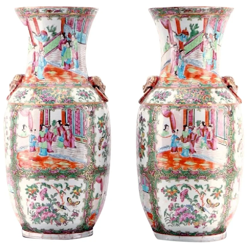 Pair of Large Chinese Export Rose Medallion Vases with Lion Head Handles