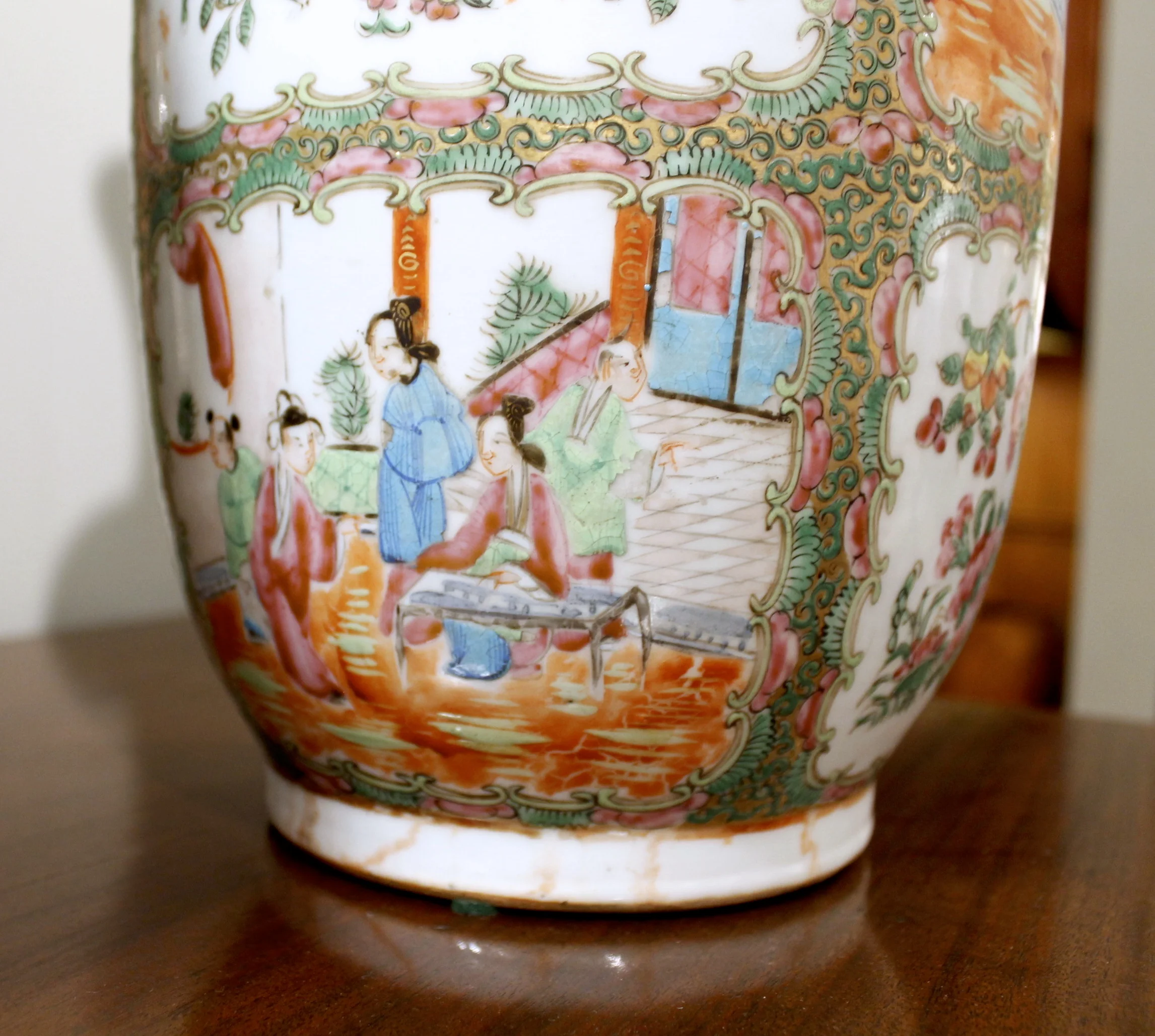 Pair of Large Chinese Export Rose Medallion Vases with Lion Head Handles