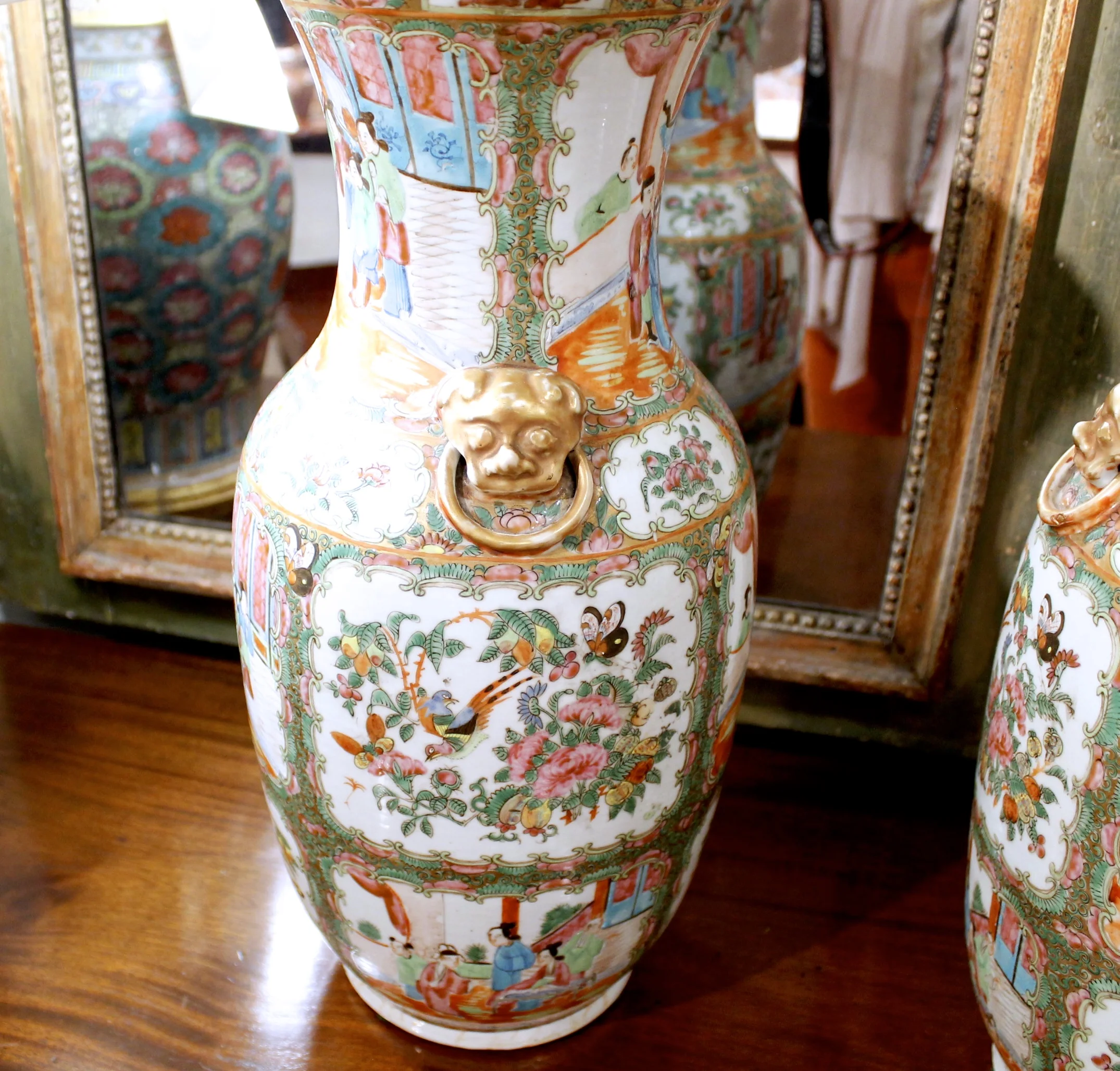 Pair of Large Chinese Export Rose Medallion Vases with Lion Head Handles