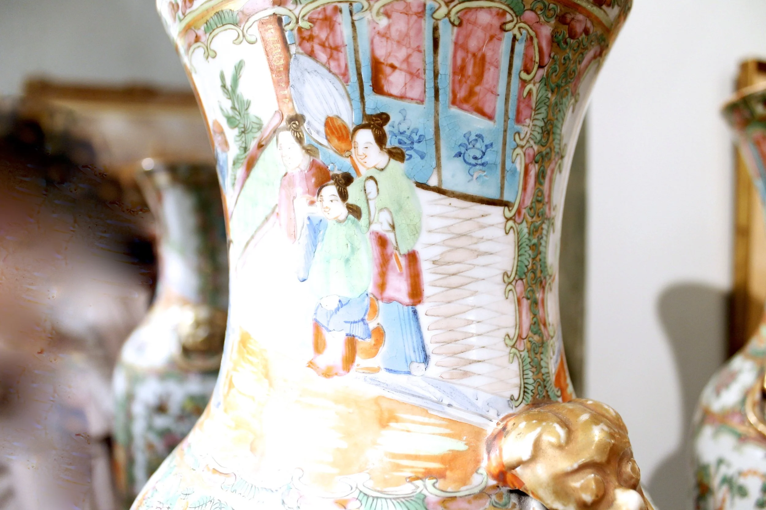 Pair of Large Chinese Export Rose Medallion Vases with Lion Head Handles